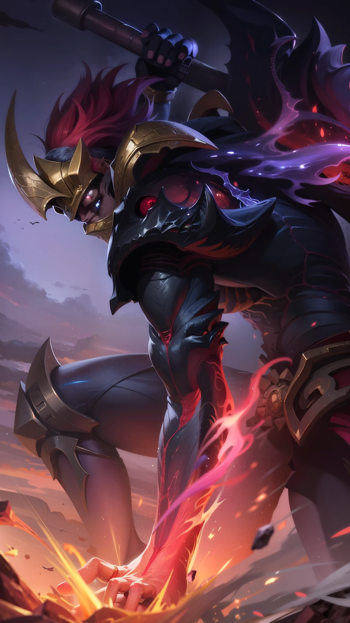 masterpiece, ((perfect eyes)) best quality, (semirealism:1.9), beautiful lighting, (extremely detailed CG unity 4k fhd wallpaper), High Detail, Sharp focus, dramatic outdoors, red short hair, a close up of a person with a sword and a fire, strong red eye glow (red eye:1.2), An inspiring depiction of Susanoo, o tempestuoso Deus da Tempestade da mitologia japonesa. Susanoo exudes raw power and intensity, representing the turbulent forces of nature. A cena se passa em meio a uma tempestade furiosa, with dark clouds swirling menacingly overhead and lightning lighting up the sky. Susanoo is tall and muscular, revestido de armadura adornada com designs intrincados inspirados em elementos de tempestade. Sua selvageria, cabelos despenteados fluem ao vento, Mirroring the chaos and fury of the storm. In his hand, ele empunha uma espada poderosa, crackle with electrical power and emit an otherworldly glow. God's expression is fierce and determined, Capturing your indomitable spirit. Arredores de Susanoo, ventos ferozes chicoteiam, causing trees to bend and waves to crash, symbolizing their dominion over natural forces. The color palette is dominated by deep blue and red, evocando a atmosfera chocante de uma noite tempestuosa.