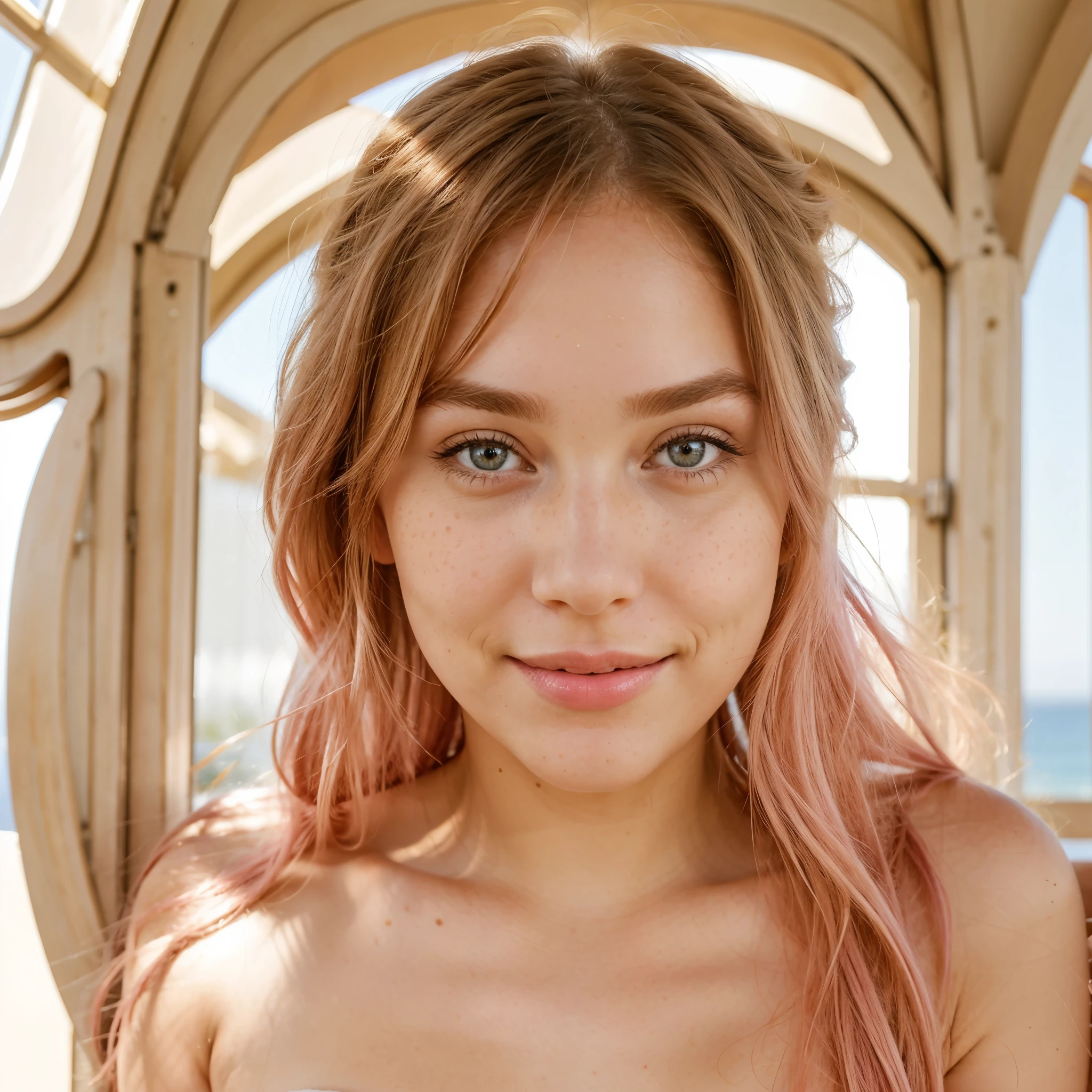 ultrarealistic long full face and body photorealistic image of a with a 23-year-old girl with a lovely face, featuring deep hazel eyes that captivate anyone who meets them. Her pink hair, adorned with lighter shades, gracefully falls onto her shoulders, framing her face with elegance. Full lips paint a smile.Her face adding a touch of mystery and charm. Light freckles give a playful and natural air to her appearance, lending her an aura of freshness. Her beauty is a harmonious mix of unique and captivating features, making her irresistibly attractive. - Engage the viewer in the whimsical charm of a gaze purposefully avoiding direct eye contact with the camera, focusing towards the right. The subject, adorned with light makeup, wears a captivating, slightly scowling expression while breaking into a delightful laughter.