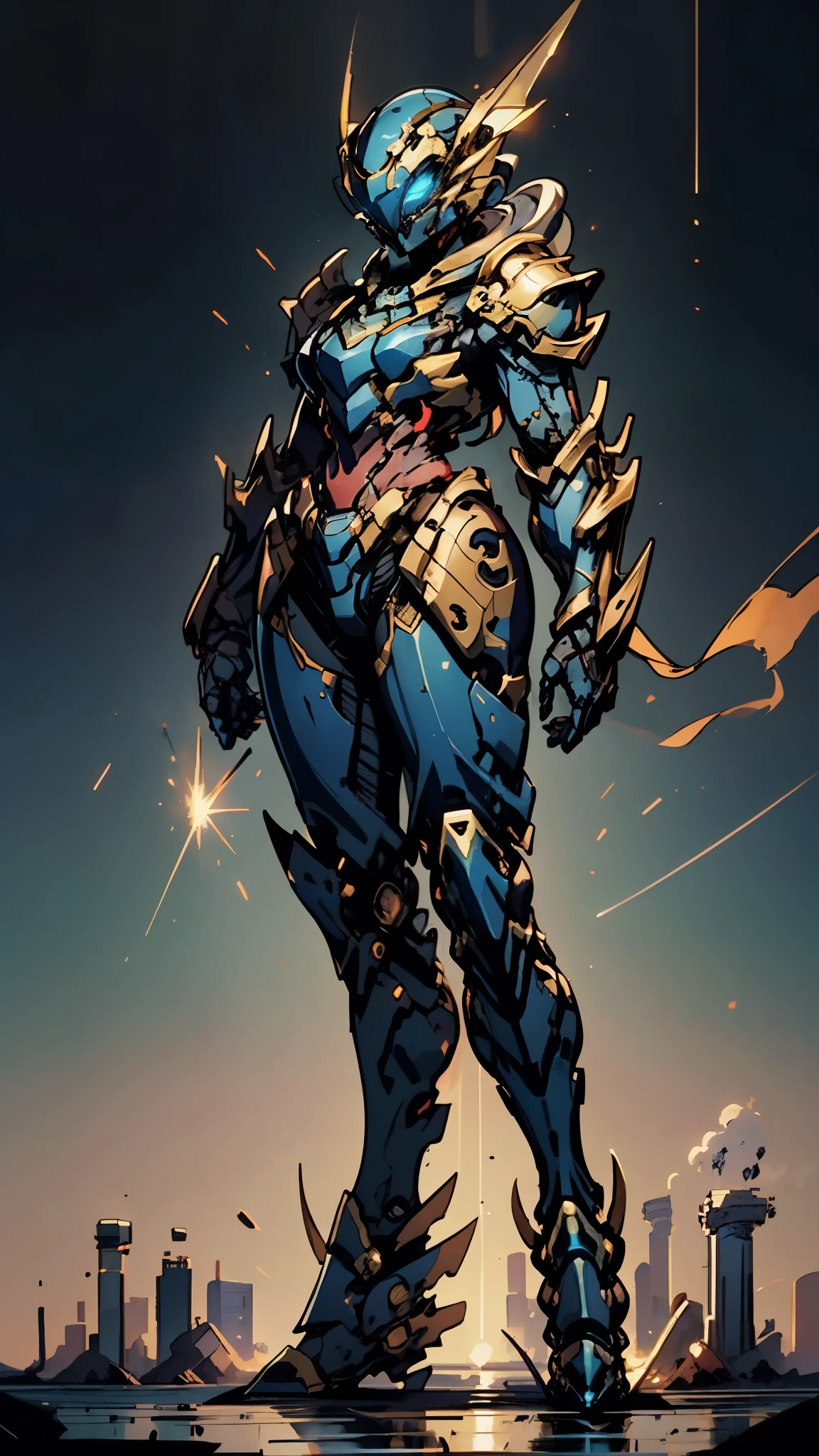 A woman adorned in fantasy-style full-body armor, a crown-concept fully enclosed helmet that unveils only her eyes, a composite layered chest plate, fully encompassing shoulder and hand guards, a lightweight waist armor, form-fitting shin guards, the overall design is heavy-duty yet flexible, ((the armor gleams with a golden glow, complemented by red and blue accents)), exhibiting a noble aura, she floats above a fantasy-surreal high-tech city, this character embodies a finely crafted fantasy-surreal style armored hero in anime style, exquisite and mature manga art style, (mixture of Queen bee and Spider concept Armor, plasma, energy), ((Element, elegant, goddess, femminine:1.5)), metallic, high definition, best quality, highres, ultra-detailed, ultra-fine painting, extremely delicate, professional, anatomically correct, symmetrical face, extremely detailed eyes and face, high quality eyes, creativity, RAW photo, UHD, 32k, Natural light, cinematic lighting, masterpiece-anatomy-perfect, masterpiece:1.5