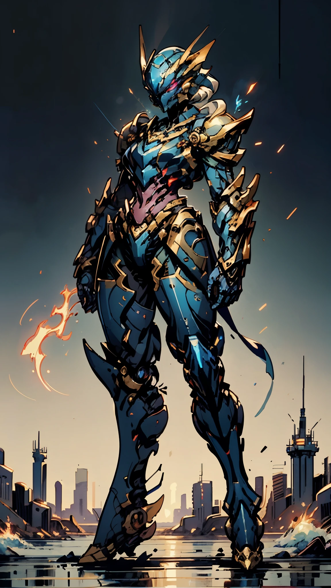 A woman adorned in fantasy-style full-body armor, a crown-concept fully enclosed helmet that unveils only her eyes, a composite layered chest plate, fully encompassing shoulder and hand guards, a lightweight waist armor, form-fitting shin guards, the overall design is heavy-duty yet flexible, ((the armor gleams with a golden glow, complemented by red and blue accents)), exhibiting a noble aura, she floats above a fantasy-surreal high-tech city, this character embodies a finely crafted fantasy-surreal style armored hero in anime style, exquisite and mature manga art style, (mixture of Queen bee and Spider concept Armor, plasma, energy), ((Element, elegant, goddess, femminine:1.5)), metallic, high definition, best quality, highres, ultra-detailed, ultra-fine painting, extremely delicate, professional, anatomically correct, symmetrical face, extremely detailed eyes and face, high quality eyes, creativity, RAW photo, UHD, 32k, Natural light, cinematic lighting, masterpiece-anatomy-perfect, masterpiece:1.5