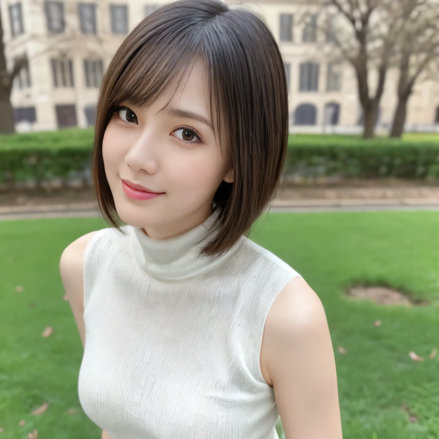 (highest quality、table top、8k、best image quality、Award-winning work)、one beautiful woman、25 years old、(alone:1.1)、perfect beautiful composition、(big and full breasts:1.1)、(Perfectly fitted tight knit sweater:1.2)、(Very tight knit that fits perfectly:1.2)、(emphasize body line:1.2)、(Perfect Turtleneck Sleeveless Knit Sweater:1.2)、(Elegant plaid melton skirt:1.2)、(short cut hair:1.2)、(full body photo:1.1)、look at me and smile、(blurred background:1.1)、(Strongly blurred accurate city park background:1.1)、stand gracefully、droopy eyes、natural makeup、Ultra high definition beauty face、ultra high definition hair、Super high-definition sparkling eyes、(Super high-definition sparkling pure white skin:1.4)、Super high resolution glossy lips、accurate anatomy、(very bright and vivid:1.4)