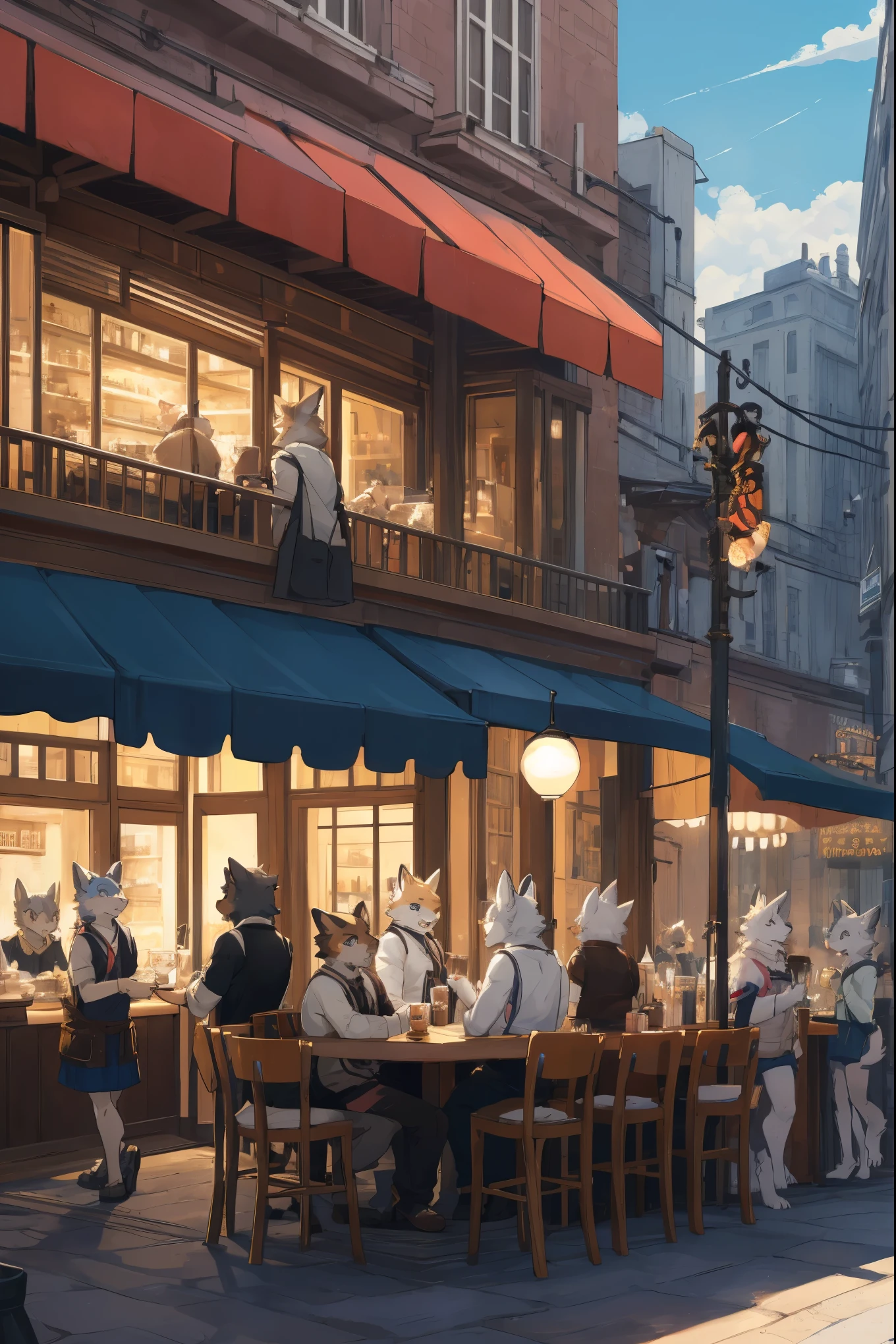 cover page, highres, top quality, best quality, paid reward available, unparalleled masterpiece, perfect artwork, absurdres, High-quality illustrations, super high resolution, detailed background, cafe, Terrace, drink, coffee, staff, 6+boys, 6+girls, absurdres, perfect anatomy, expression, good lighting, cinematic shadow(kemono, furry anthro),