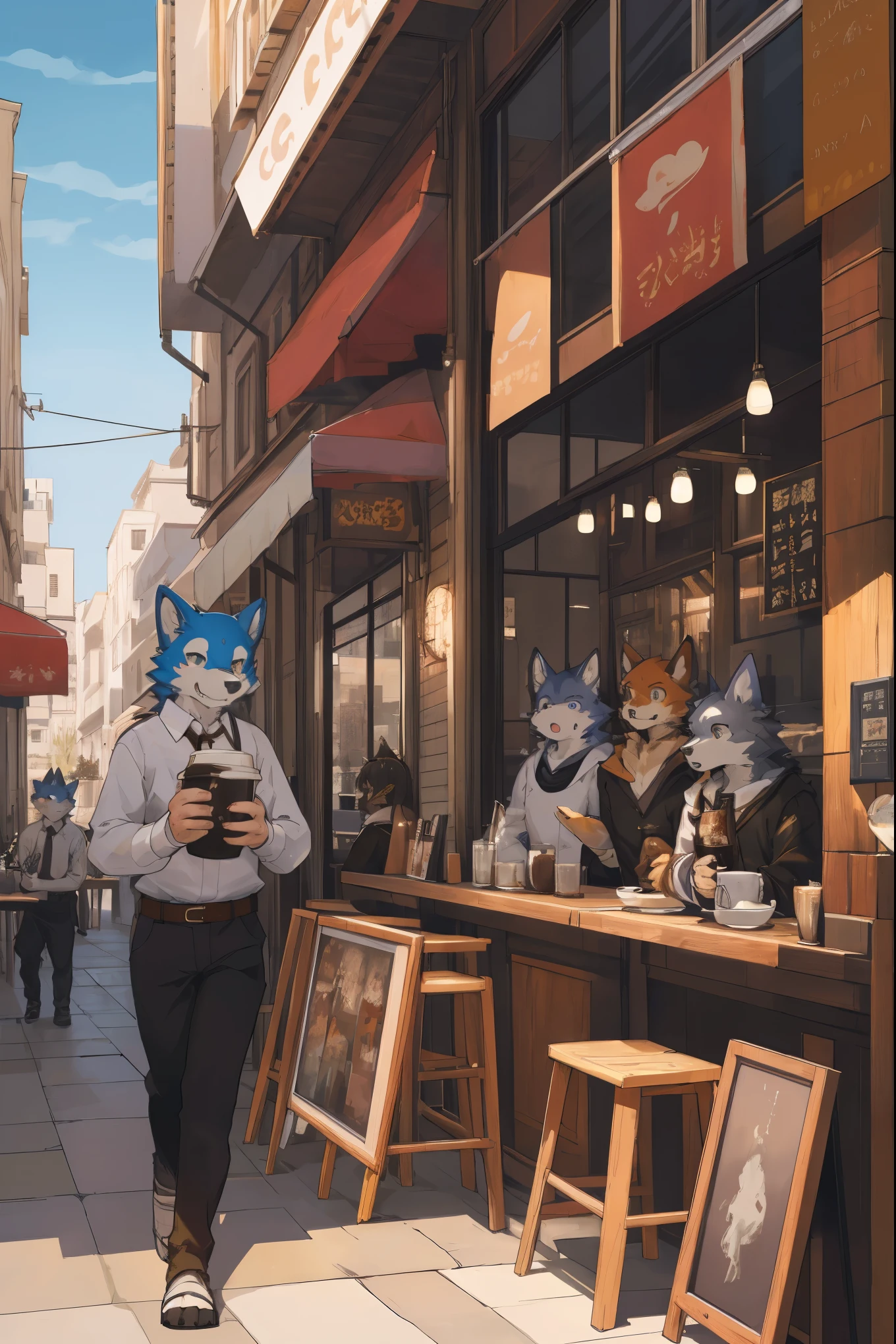 cover page, highres, top quality, best quality, paid reward available, unparalleled masterpiece, perfect artwork, absurdres, High-quality illustrations, super high resolution, detailed background, cafe, Terrace, drink, coffee, staff, 6+boys, 6+girls, absurdres, perfect anatomy, expression, good lighting, cinematic shadow(kemono, furry anthro),