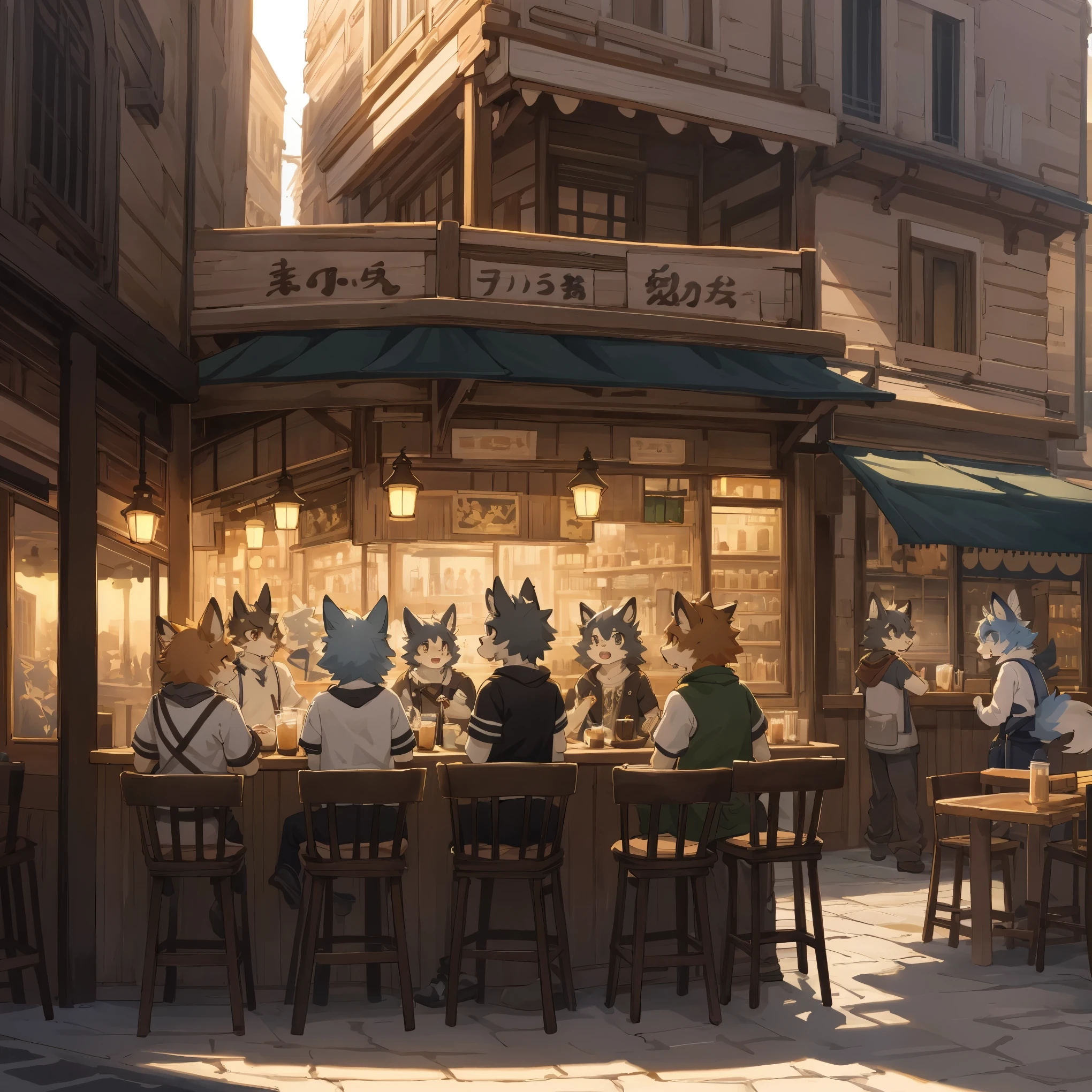 top quality, best quality, High-quality illustrations, masterpiece, super high resolution, detailed background, detailed background, cafe, Terrace, drink, coffee, staff, 6+boys, 6+girls, absurdres, perfect anatomy, expression, good lighting, cinematic shadow(kemono, furry anthro),