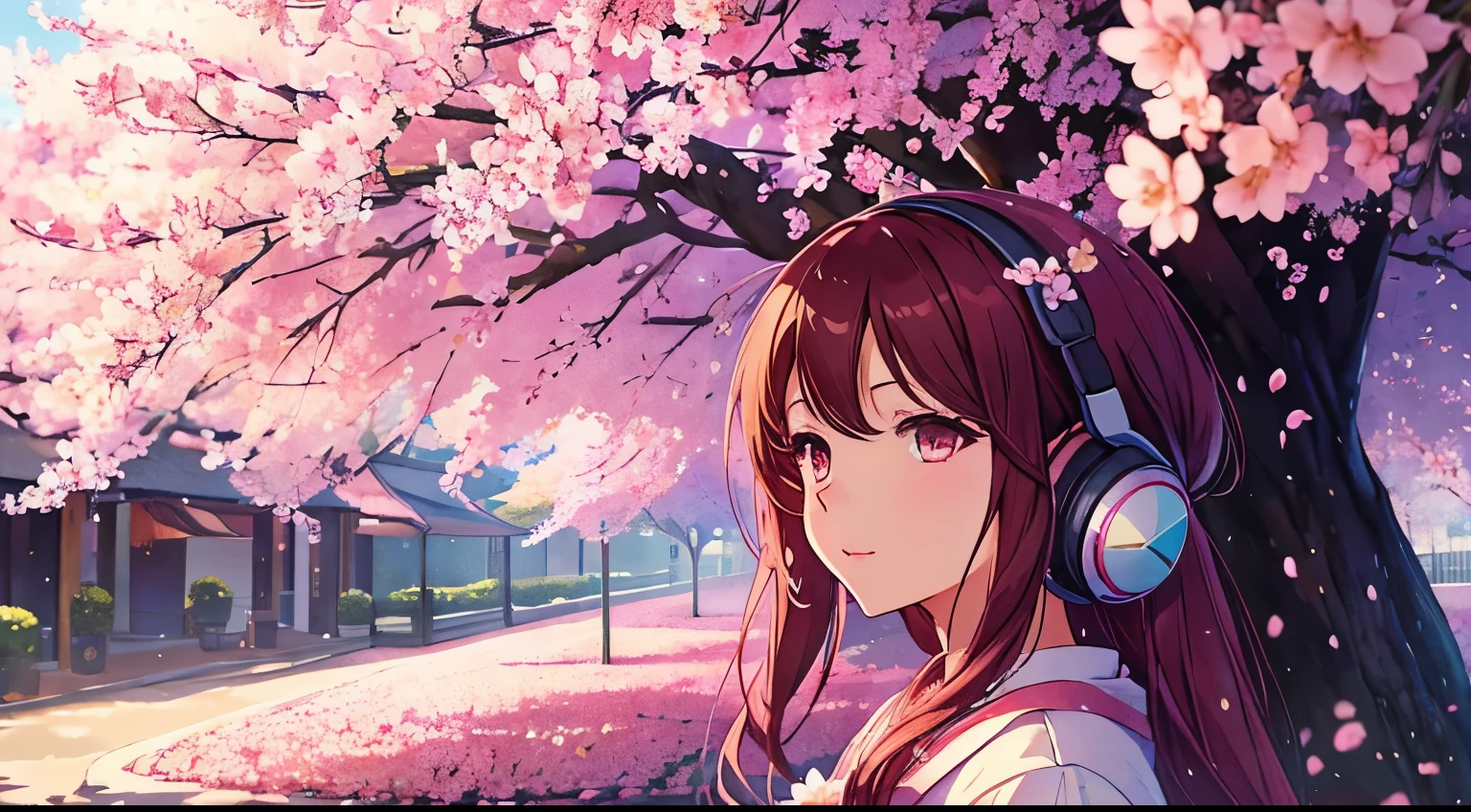 Beautiful cherry blossoms waving in the wind, With dew drops bubbling on the petals, stunning anime art style, Bright colors, Soft and fantastic lighting, High resolution and realistic details.Listening to music with headphones,