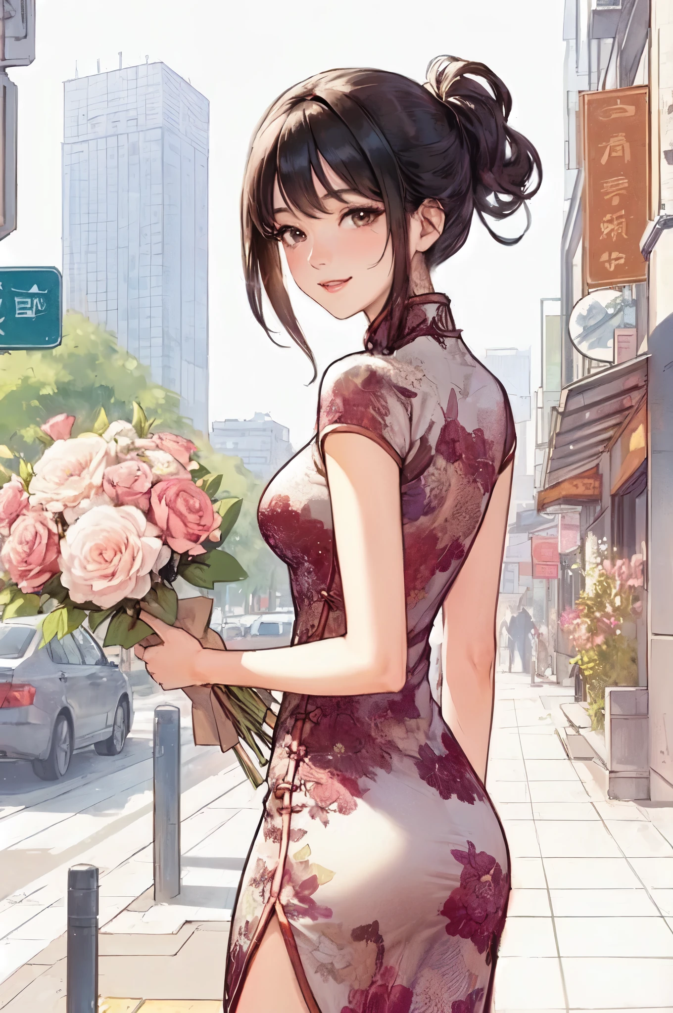 1lady solo, (looking back) (from behind), (strolling through city), (light pink cheongsam) stylish, mature female, /(black hair/) bangs, blush light smile, (masterpiece best quality:1.2) delicate illustration ultra-detailed, large breasts BREAK (holding bouquet) BREAK (luxurious downtown street) outdoors, noon, crowded, detailed background
