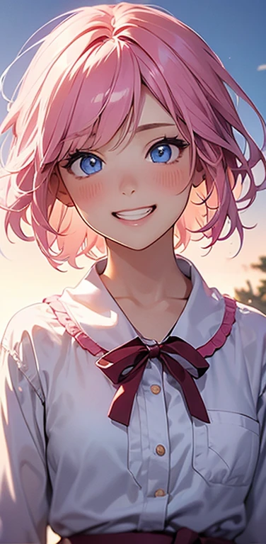 Realistic、1girl、fluorescence　pink hair、blue eyes、(eye focus:1.3,face focus:1.3,upper body:1.5),(gradient eyes:1.3),(blouse)、smiley face,open mouth,(grin:1.3),short hair、cute face,portrait,
