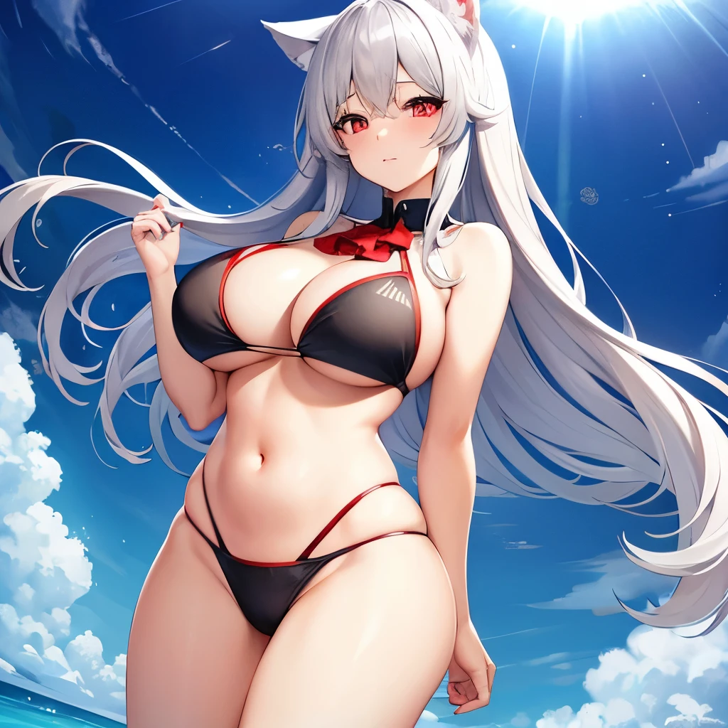 highest quality High resolution red eyes Beautiful gray hair middle A cute young lady with a soft touch Cat ear Date at sea Wonderful bikini competition clothes that will appeal to you at the sea sexy huge breasts