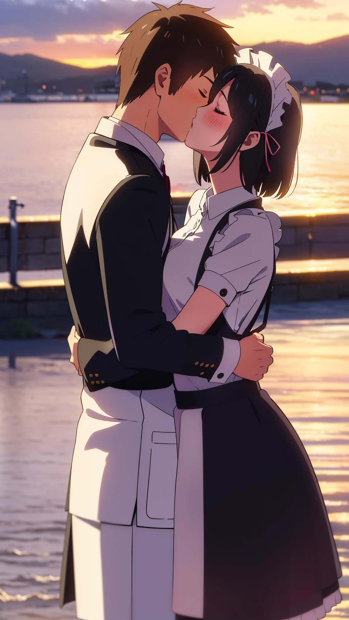 shinkai makoto, kimi no na wa., 1girl, 1boy, bangs, black hair, blush, (boy wear Suspender Clothes), ((girl wear maid dress, short dress, Off-the-shoulderaid, apron, maid headdress), bow, ribbon, short hair, cute, love, couple, adorable, dating, (((kiss, deep kiss))), closed eyes, bracelet, passionate hug, night, nightcity, park, lake, cloudy, sitting on the bench, dynamic lights