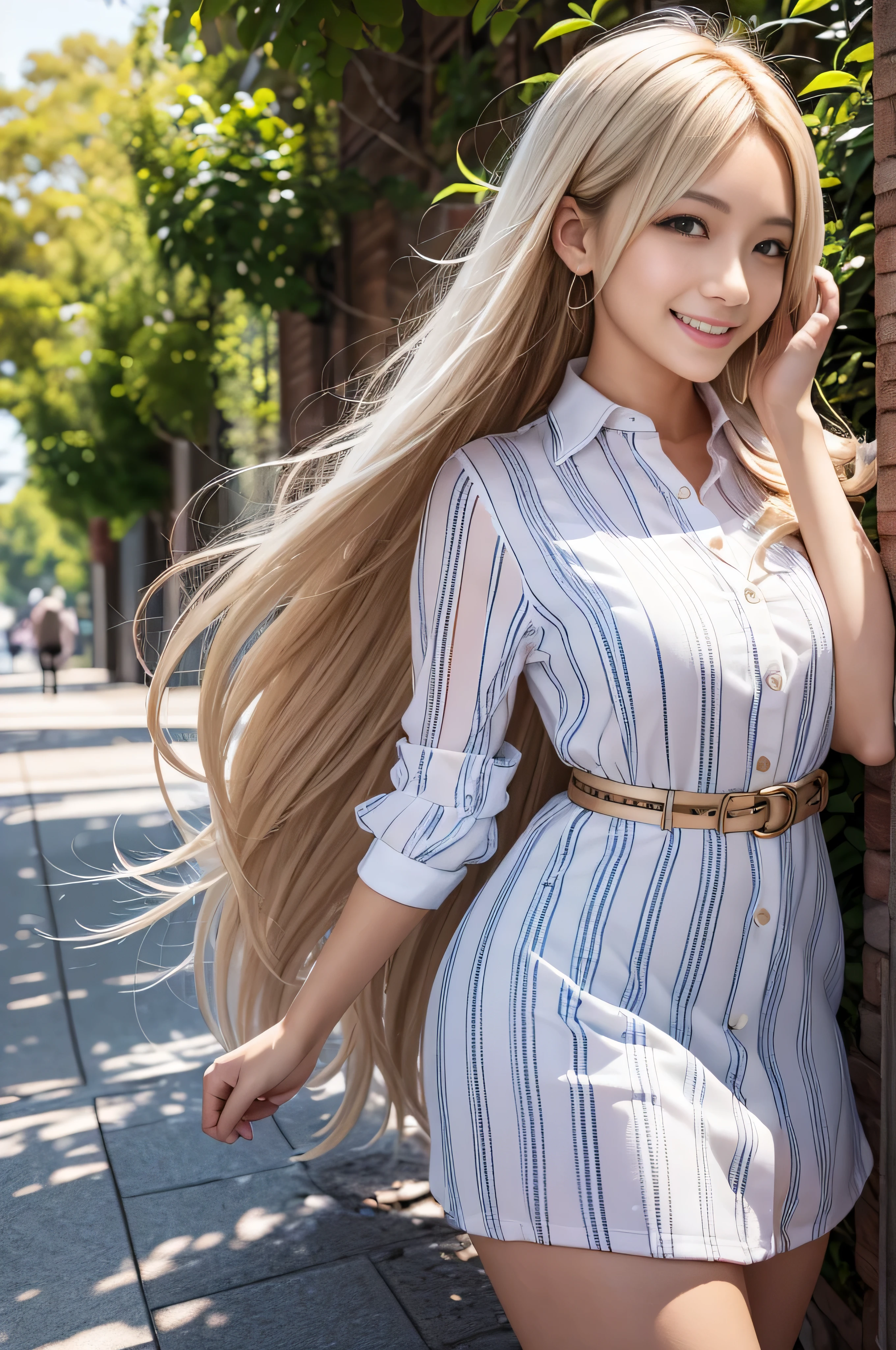 1 beautiful woman、one person perspective、glamorous body、long hair、curly hair、blonde、smooth skin、brown eyes、smile、魅惑的なsmile、flashy makeup、((intricately patterned shirt dress))、open shirt、knit sandals、silver accessories、realist、plein air、Ultra-realistic 8K、Super detailed and realistic、bold pose、big ass、walk in the park、walk in the garden、hair blowing in the wind、((shy smile:1.3)),