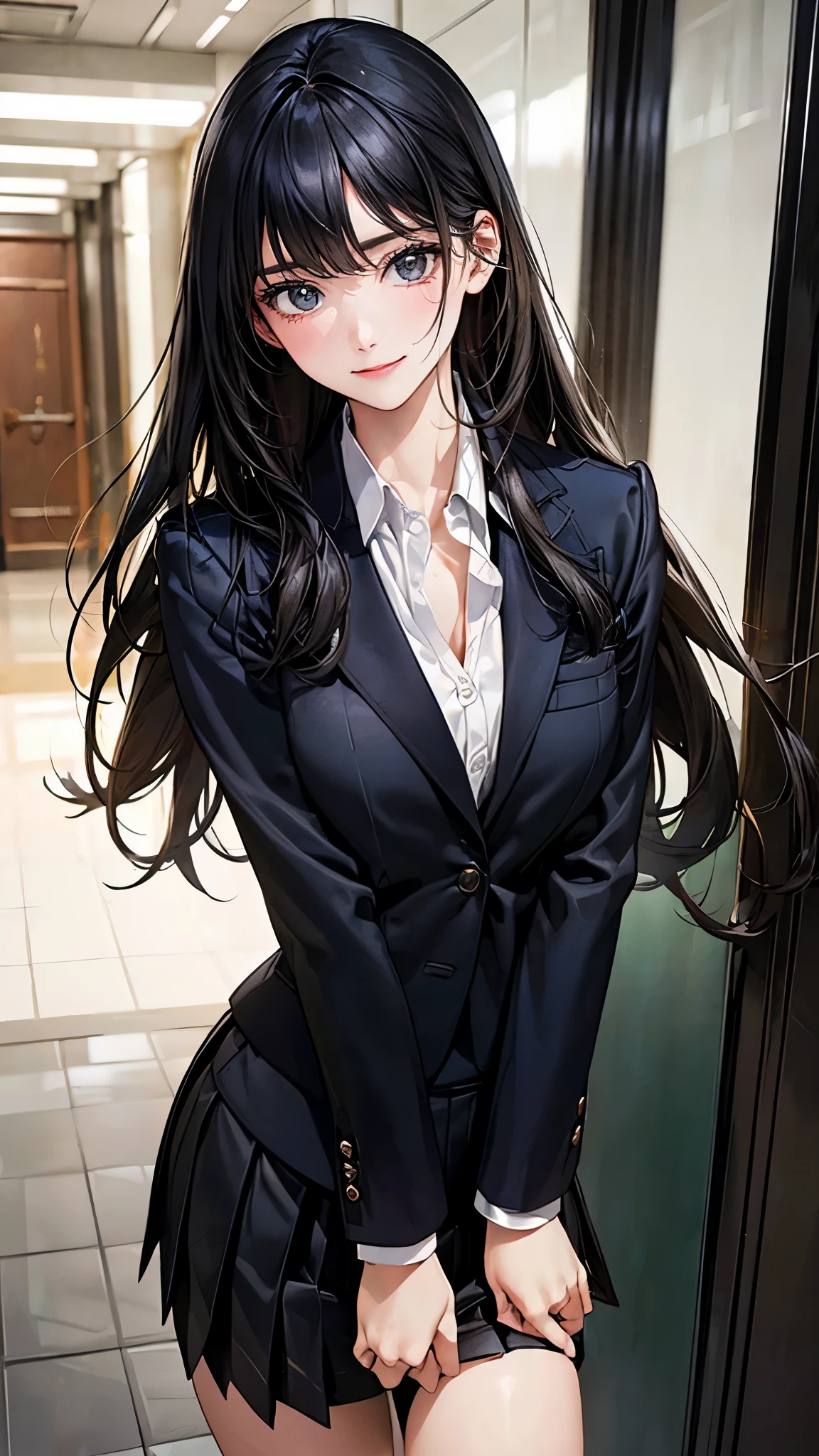 (masterpiece:1.2, top-quality), (realistic, photorealistic:1.4), beautiful illustration, (natural side lighting, movie lighting), 
looking at viewer, (from below), 1 girl, japanese, high school girl, perfect face, perfect body, cute and symmetrical face, shiny skin, face, 
(long hair:1.7, straight hair:1.6, long sideburns, black hair), swept bangs, blue eyes, (middle breasts, seductive thighs), , 
beautiful hair, beautiful face, beautiful detailed eyes, beautiful clavicle, beautiful body, beautiful chest, beautiful thigh, beautiful legs, beautiful fingers, 
(((black outfit, black school blazer, closed blazer), white collared shirt, black box pleated skirt) ), 
(beautiful scenery), evening, (school hallway), standing, leaning forward, (hair twirling, lovely smile), 