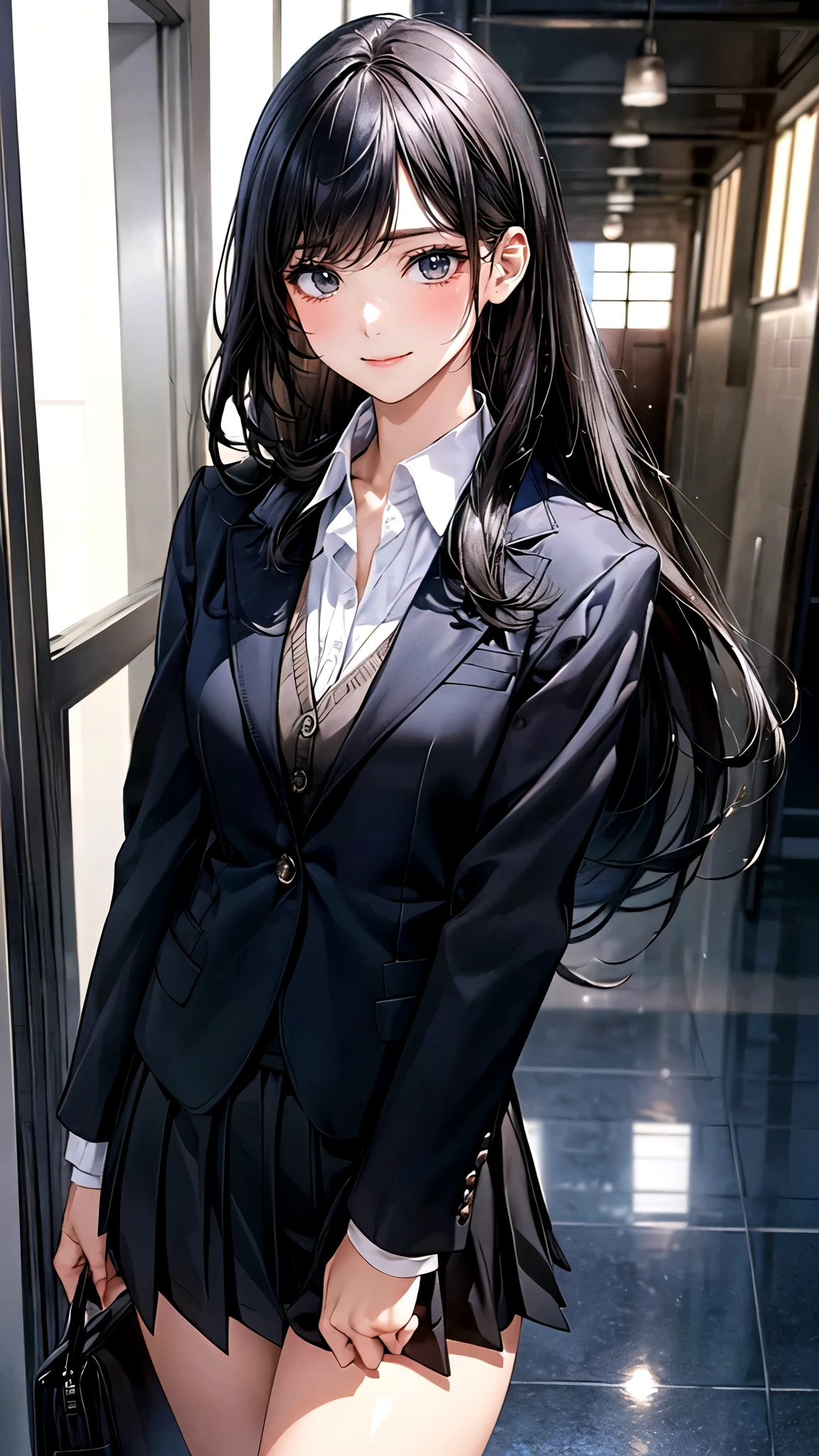 (masterpiece:1.2, top-quality), (realistic, photorealistic:1.4), beautiful illustration, (natural side lighting, movie lighting),
looking at viewer, (from below), 1 girl, japanese, high school girl, perfect face, perfect body, cute and symmetrical face, shiny skin, face,
(long hair:1.7, straight hair:1.6, long sideburns, black hair), swept bangs, blue eyes, (middle breasts, seductive thighs), ,
beautiful hair, beautiful face, beautiful detailed eyes, beautiful clavicle, beautiful body, beautiful chest, beautiful thigh, beautiful legs, beautiful fingers,
(((black outfit, black school blazer, closed blazer), white collared shirt, black box pleated skirt) ),
(beautiful scenery), evening, (school hallway), standing, leaning forward, (hair twirling, lovely smile),