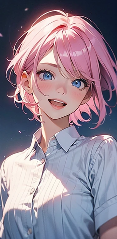 Realistic、1girl、fluorescence　pink hair、blue eyes、(eye focus:1.3,face focus:1.3,upper body:1.5),(gradient eyes:1.3),(blouse)、smiley face,open mouth,(happy:1.3),short hair、cute face,portrait,
