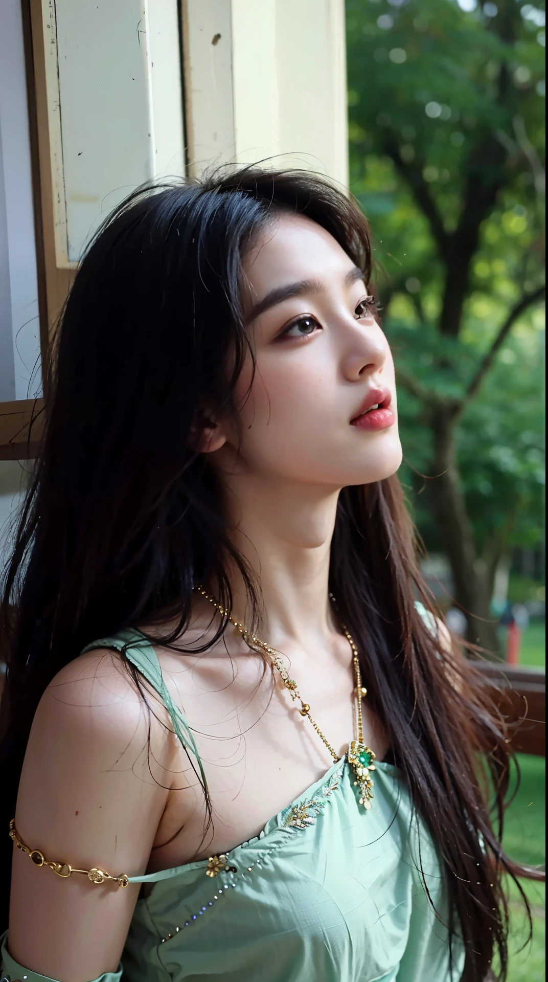 araf woman,long hair,Wearing a green dress,looking out the window, beautiful south korean woman, beautiful young korean woman, gorgeous young korean woman, korean girl, korean woman, very beautiful girl, Chinese girl, beautiful asian girl, Cute and delicate face, Gorgeous Chinese model, Asian girl with long hair, lovely woman, Beautiful and delicate face, beautiful asian woman