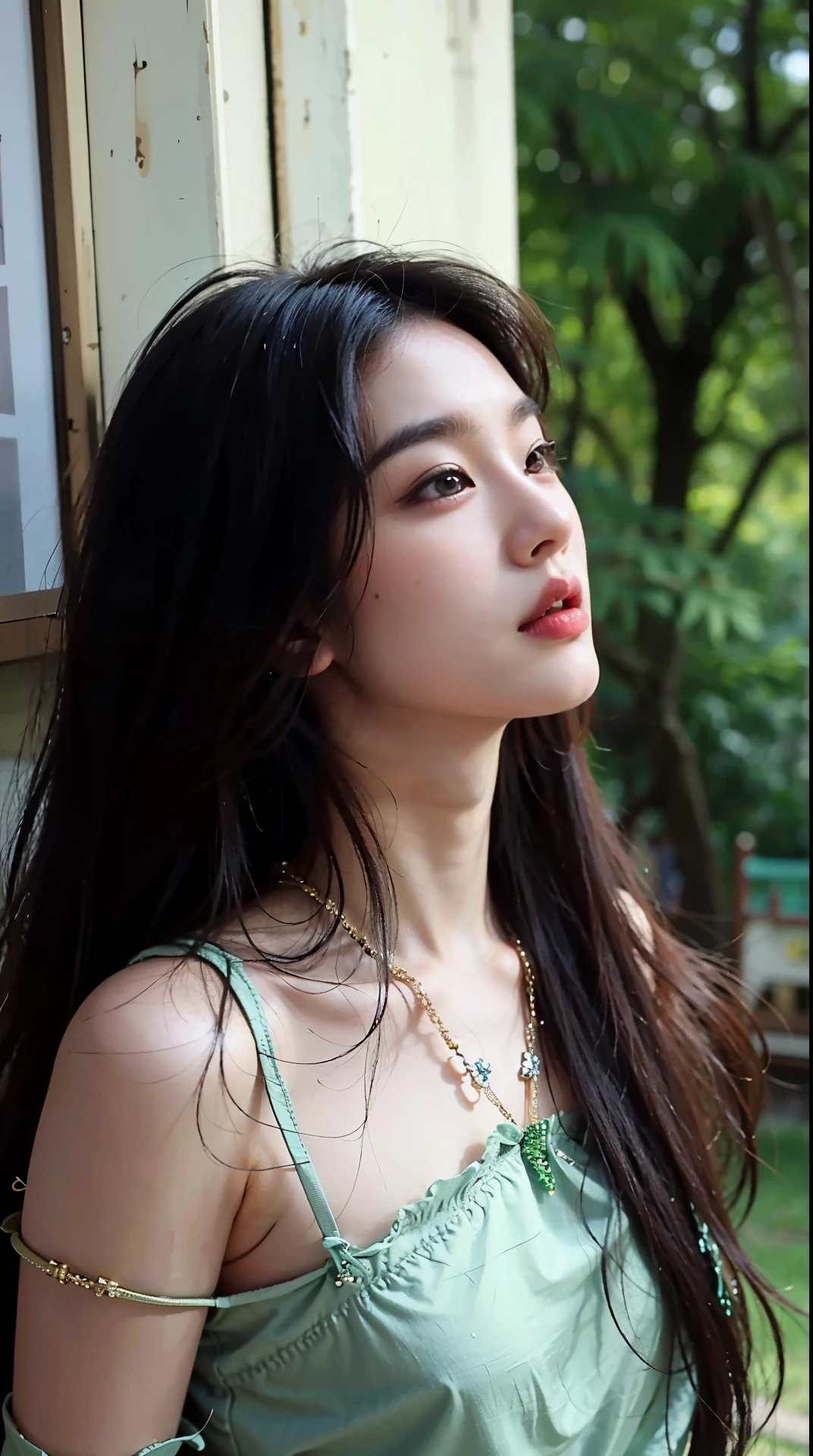 araf woman，long hair，Wearing a green dress，looking out the window, beautiful south korean woman, beautiful young korean woman, gorgeous young korean woman, korean girl, korean woman, very beautiful girl, Chinese girl, beautiful asian girl, Cute and delicate face, Gorgeous Chinese model, Asian girl with long hair, lovely woman, Beautiful and delicate face, beautiful asian woman