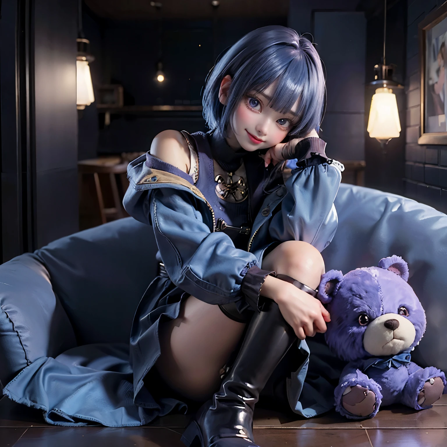 ((masterpiece)), ((highest quality)), ((High resolution)), ((Highly detailed 8k wallpaper)), full body image, 1 girl, Anime girl with blue hair and purple eyes wearing a blue jacket, bob cut, highly detailed characters,shy smile,hug a brown teddy bear,long skirt,A sparkling bright room,wear knee high boots,to the toes