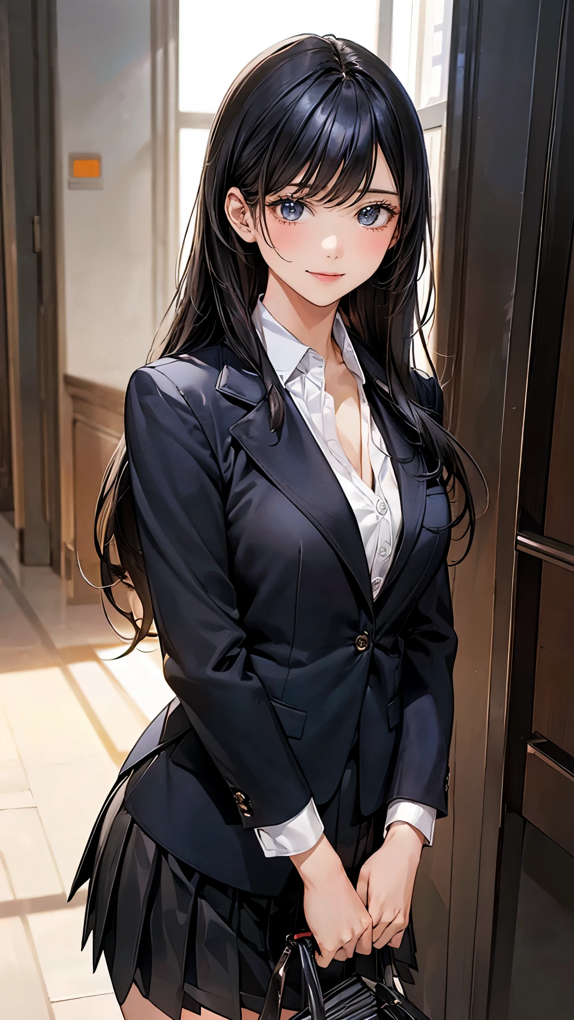 (masterpiece:1.2, top-quality), (realistic, photorealistic:1.4), beautiful illustration, (natural side lighting, movie lighting),
looking at viewer, (from below), 1 girl, japanese, high school girl, perfect face, perfect body, cute and symmetrical face, shiny skin, babyface,
(long hair:1.7, straight hair:1.6, long sideburns, black hair), swept bangs, blue eyes, (middle breasts, seductive thighs), ,
beautiful hair, beautiful face, beautiful detailed eyes, beautiful clavicle, beautiful body, beautiful chest, beautiful thigh, beautiful legs, beautiful fingers,
(((black outfit, black school blazer, closed blazer), white collared shirt, black box pleated skirt) ),
(beautiful scenery), evening, (school hallway), standing, leaning forward, (hair twirling, lovely smile),