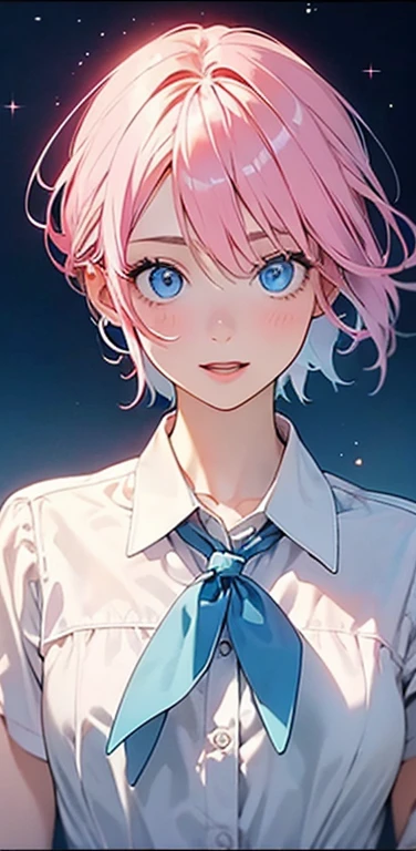 Realistic、1girl、fluorescence　pink hair、blue eyes、(eye focus:1.3,face focus:1.3,upper body:1.5),(gradient eyes:1.3),(blouse)、smiley face,open mouth,(happy:1.3),short hair、cute face,portrait,
