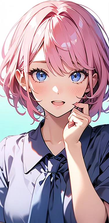 Realistic、1girl、fluorescence　pink hair、blue eyes、(eye focus:1.3,face focus:1.3,upper body:1.5),(gradient eyes:1.3),(blouse)、smiley face,open mouth,(happy:1.3),short hair、cute face,portrait,
