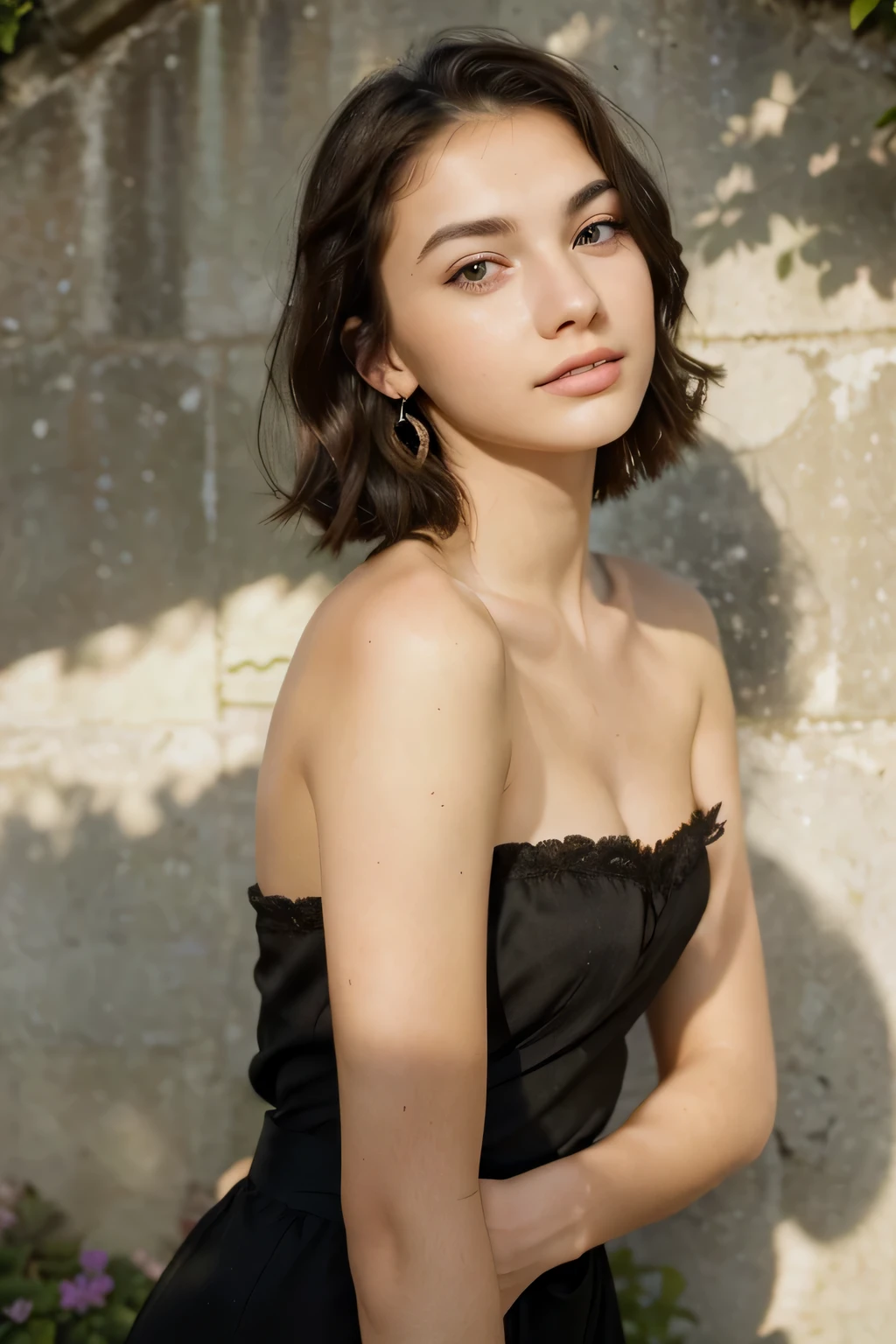 Photo of a 20 year old brunette woman, that has a very natural face, thin lips, thin eyes, thin eyebrows, thin nose, earrings, green eyes, long eyelashes. She makes a cute picture in a garden.