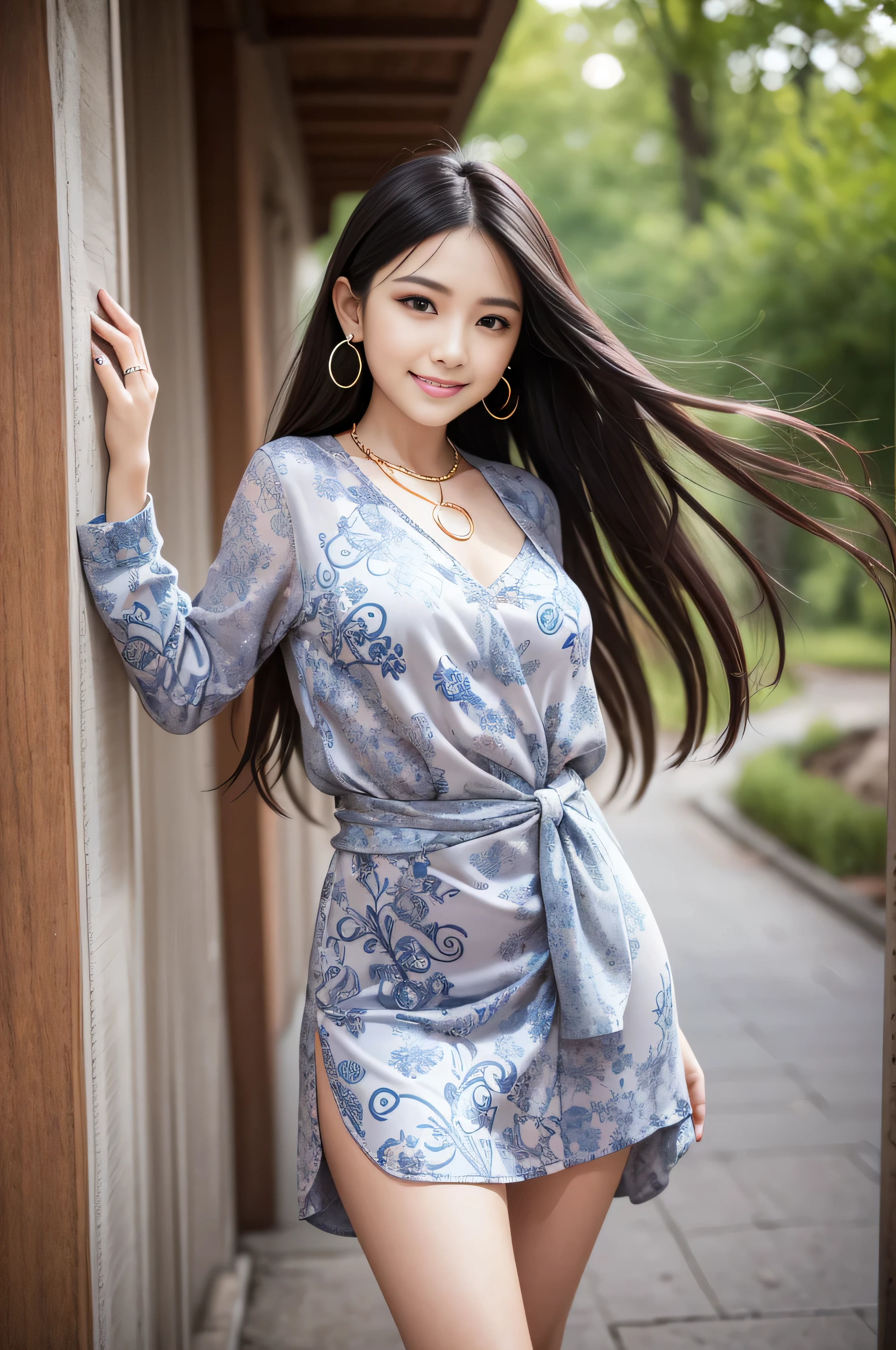 1 beautiful woman、one person perspective、glamorous body、long hair、curly hair、blonde、smooth skin、brown eyes、smile、魅惑的なsmile、flashy makeup、((Intricately patterned shirt dress))、open shirt、knit sandals、silver accessories、real、plein air、超real8K、超詳細でreal、bold pose、big ass、walk in the park、walk in the garden、hair blowing in the wind、((恥ずかしがり屋のsmile:1.3))、((gold necklace_Large earrings:1.2)),((Long straight hair_Hair reaching down to the waist:1.3))