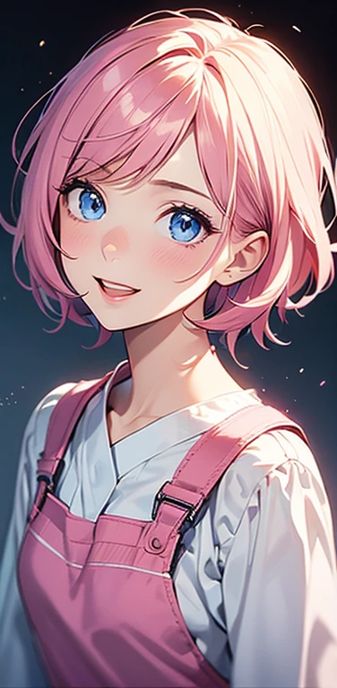 Realistic、1girl、fluorescence pink hair、blue eyes、(eye focus:1.3,face focus:1.3,upper body:1.5),(gradient eyes:1.3),(blouse)、smiley face,open mouth,(happy:1.3),short hair、cute face,portrait,