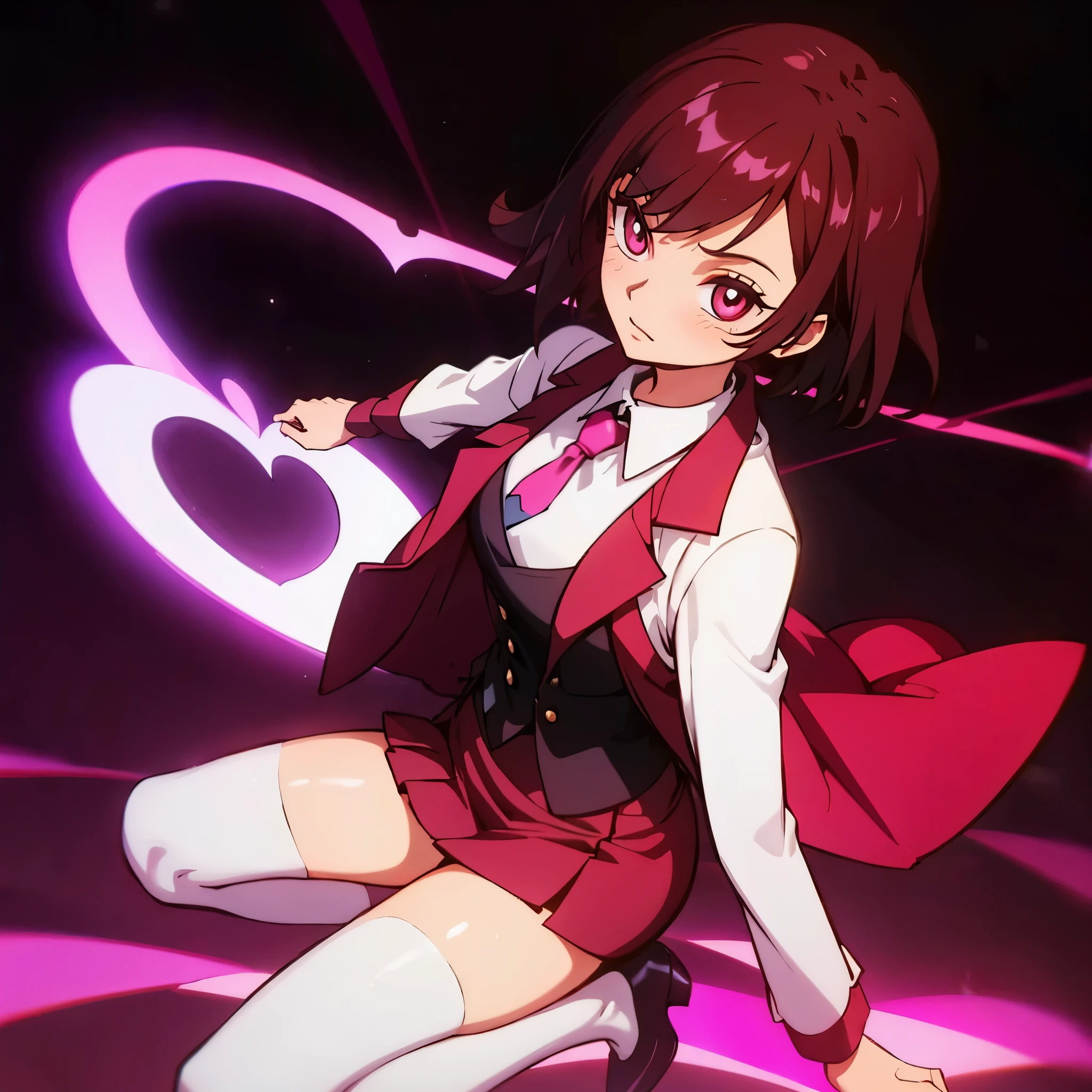 magister, 1 woman, succinct, best quality, masterpiece, best shadow, shade, beautiful lighting, High Contrast, modeus with heart shapes and heart shaped pupils, coffee shop, night, colored lights,formal wear, skirt suit, (((three-piece suit))), dress shirt, (((necktie))), blazer, suit jacket, (((waistcoat))), double-breasted waistcoat, (((bodycon miniskirt))), pencil skirt,