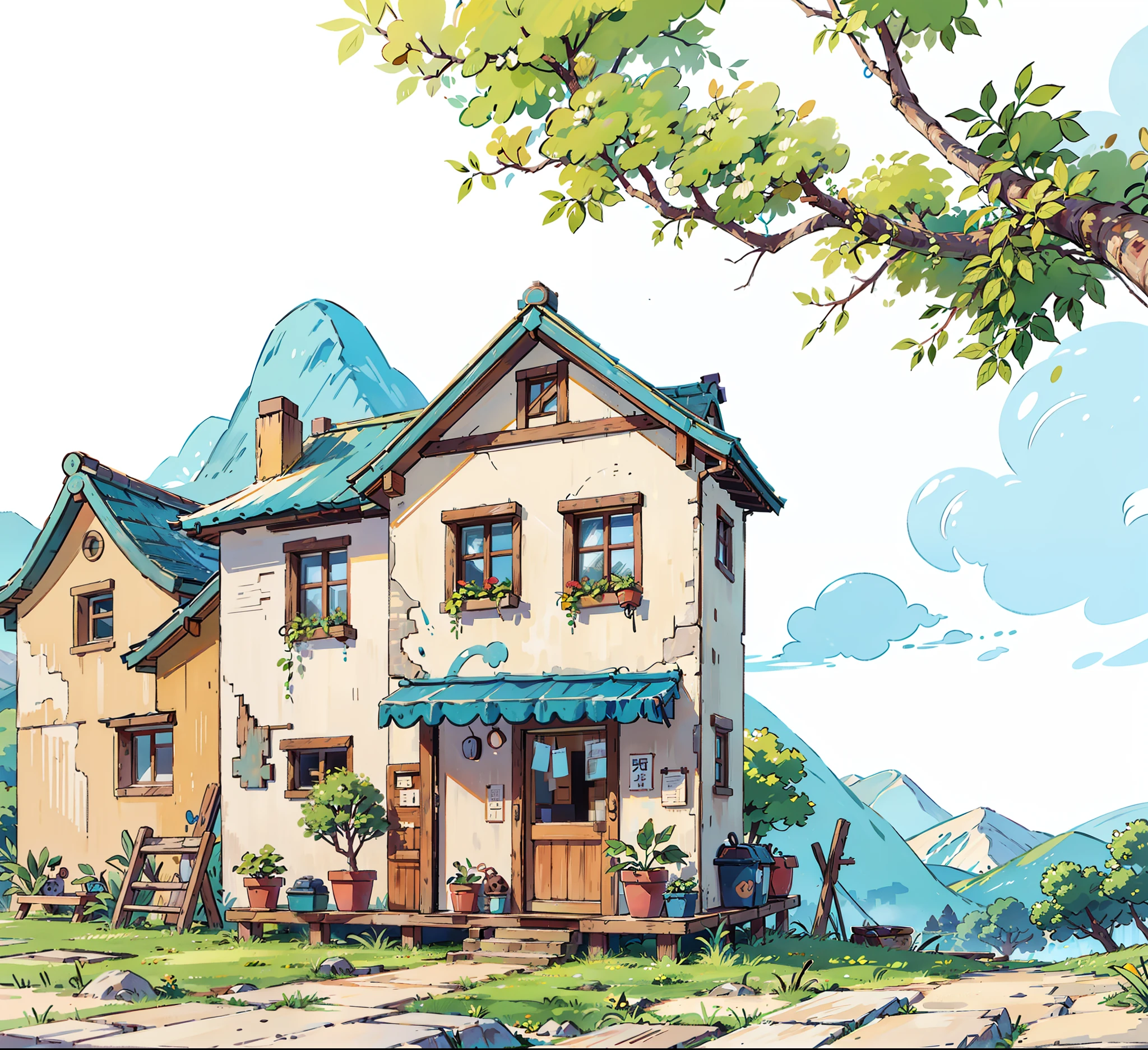 rural,A row of beautiful little houses,背景是rural,grassland,blue sky,high detail, 8k,There are mountains in the distance