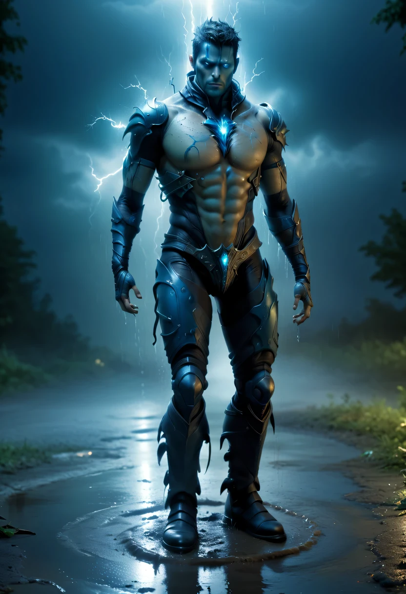 photo actual illustration of raziel holding the soul reaver , Put on a neck brace, (Stand in a puddle:1.4) night , (rain:1.2), (storm:1.3), wet, reflection in water , 史诗般的Light, Light, dark fantasy style , high resolution, (Detailed images:1), details, soft, (actual:1), full color, (3d:1), (Very detailed:1.2), masterpiece, 8K Ultra HD, the art of mathematics, Popular topics on Artstation