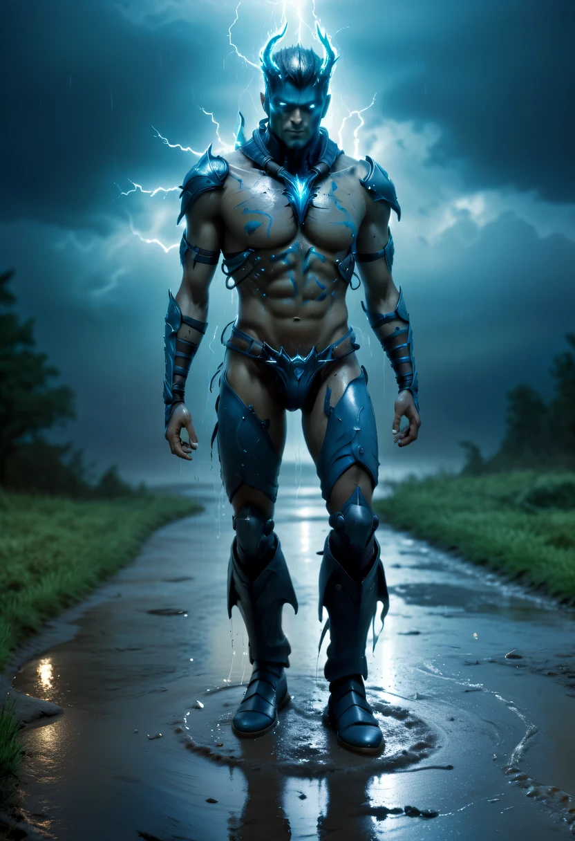 photo actual illustration of raziel holding the soul reaver , Put on a neck brace, (Stand in a puddle:1.4) night , (rain:1.2), (storm:1.3), wet, reflection in water , 史诗般的Light, Light, dark fantasy style , high resolution, (Detailed images:1), Crazy details, soft, (actual:1), full color, (3d:1), (Very detailed:1.2), masterpiece, 8K Ultra HD, the art of mathematics, Popular topics on Artstation