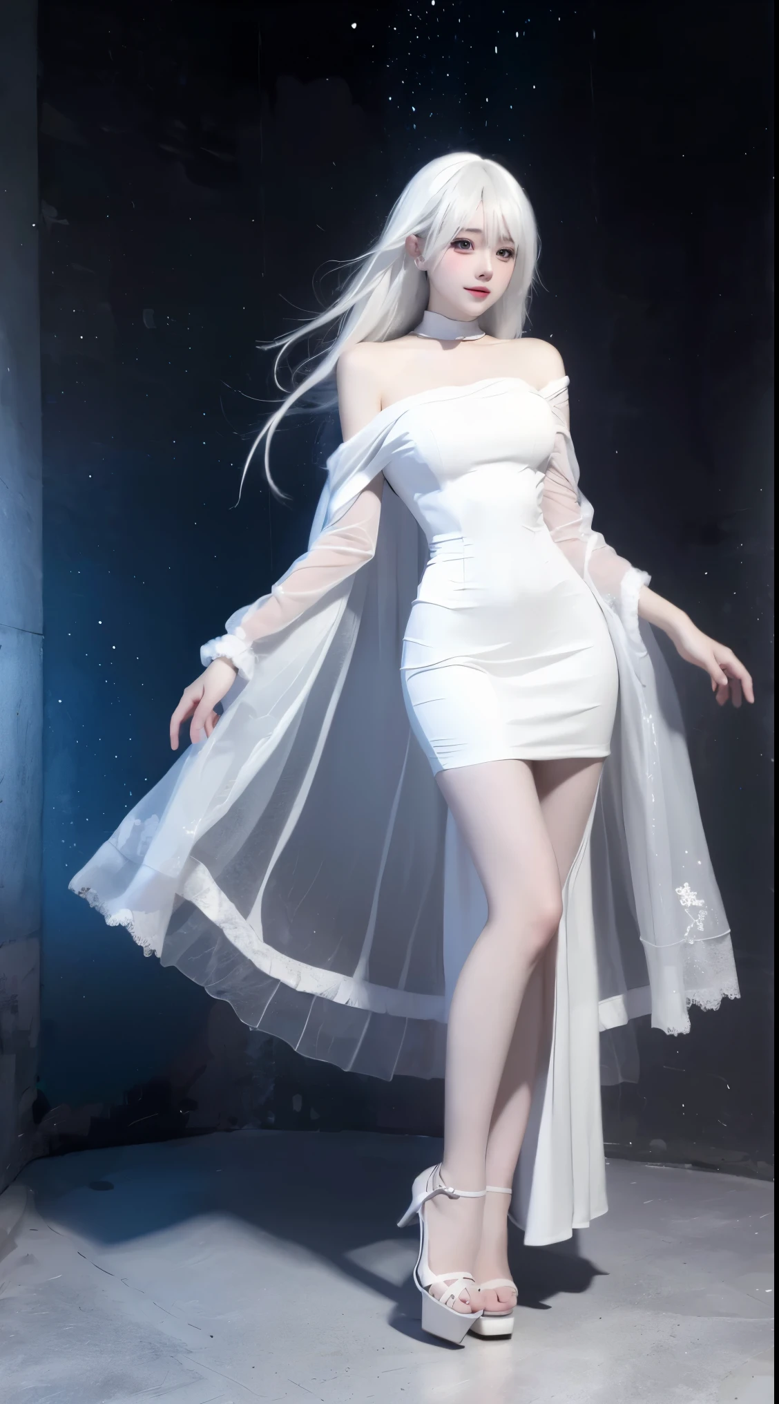 8k, surreal, masterpiece, best quality, super detailed, high resolution, random background, 1 girl, (:1.5), Yao Liu, white dress，white hair，translucent，whole body，High heel白色透明婚纱，High heel，whole body，white，winter，snowflake