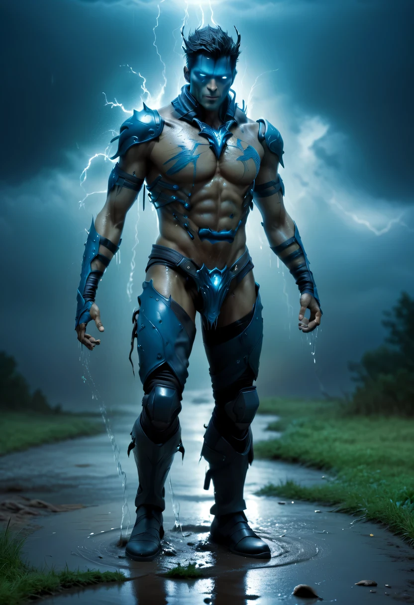 photo actual illustration of raziel holding the soul reaver , Put on a neck brace, (Stand in a puddle:1.4) night , (rain:1.2), (storm:1.3), wet, reflection in water , 史诗般的Light, Light, dark fantasy style , high resolution, (Detailed images:1), Crazy details, soft, (actual:1), full color, (3d:1), (Very detailed:1.2), masterpiece, 8K Ultra HD, the art of mathematics, Popular topics on Artstation