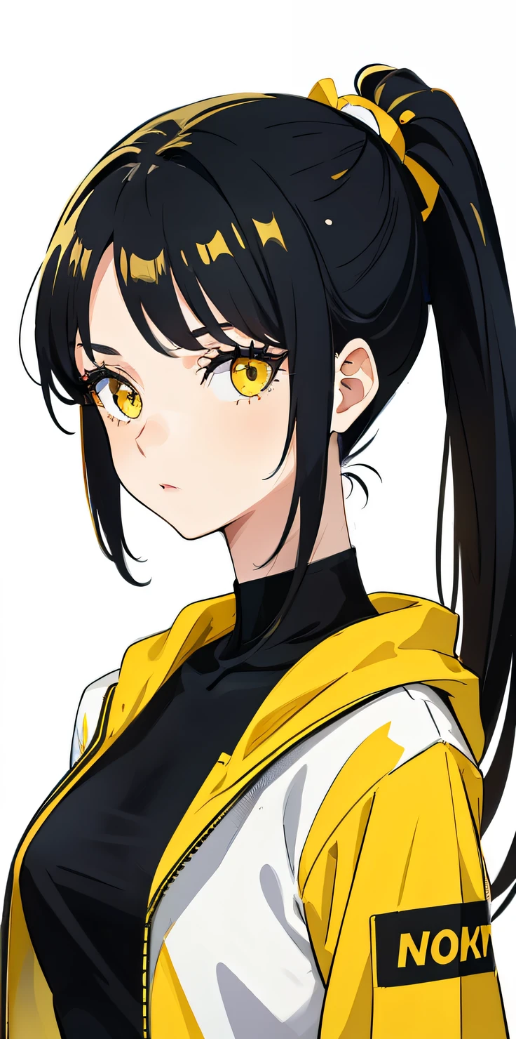 （tmasterpiece：1.2，best qualtiy），（Fine beautiful eyes：1.2），A girl with a black ponytail，yellow colored eyes，，only 1girl，20yr old，yellow-white jumpsuit