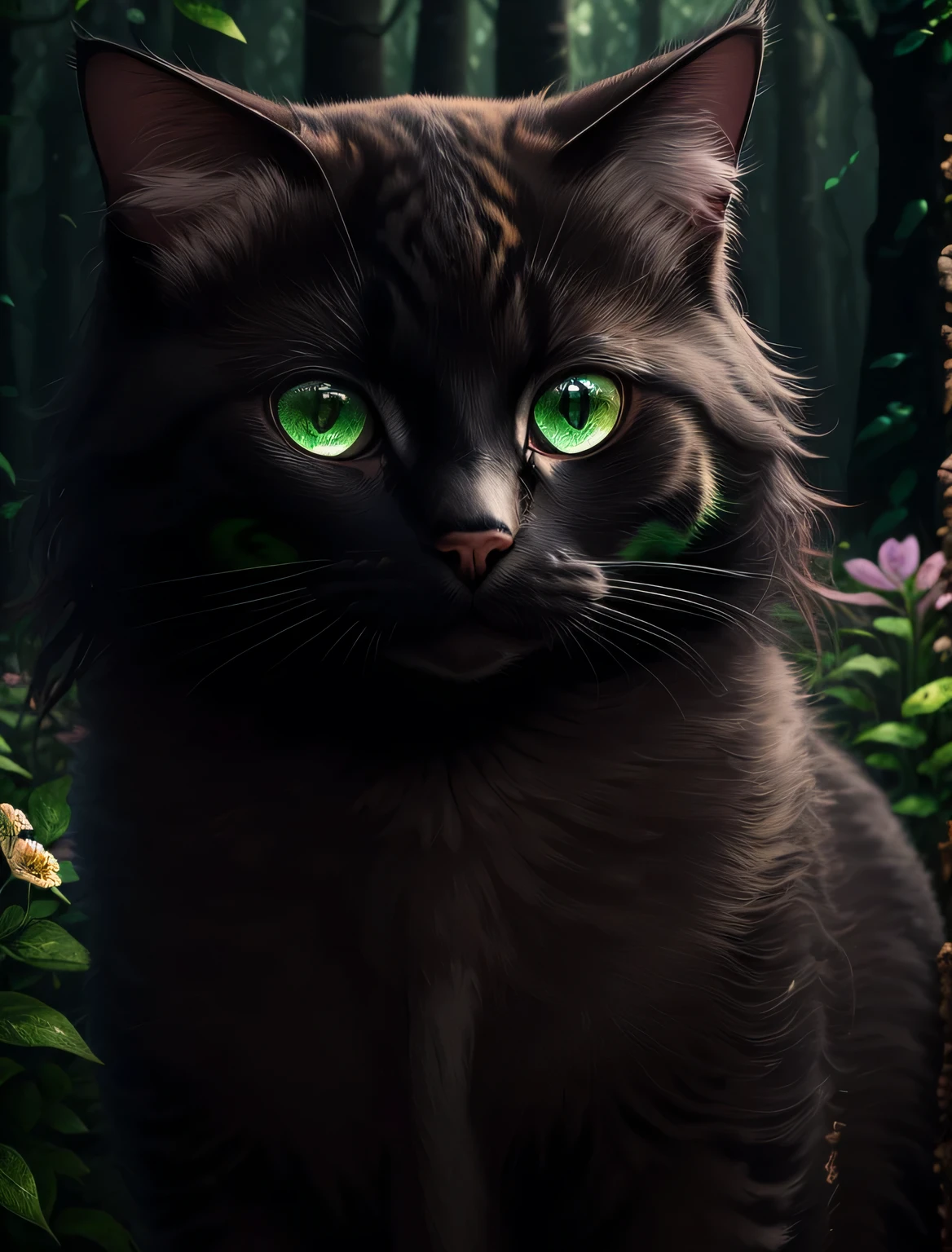 8k, high resolution, best quality, high detail, masterpiece, (母Cat它), (Detailed face), (Detailed hair), soft light, go through , (Cat,黑Cat,绿眼睛的Cat,长毛Cat,Flower sea decoration,forest background,Background decoration green main color