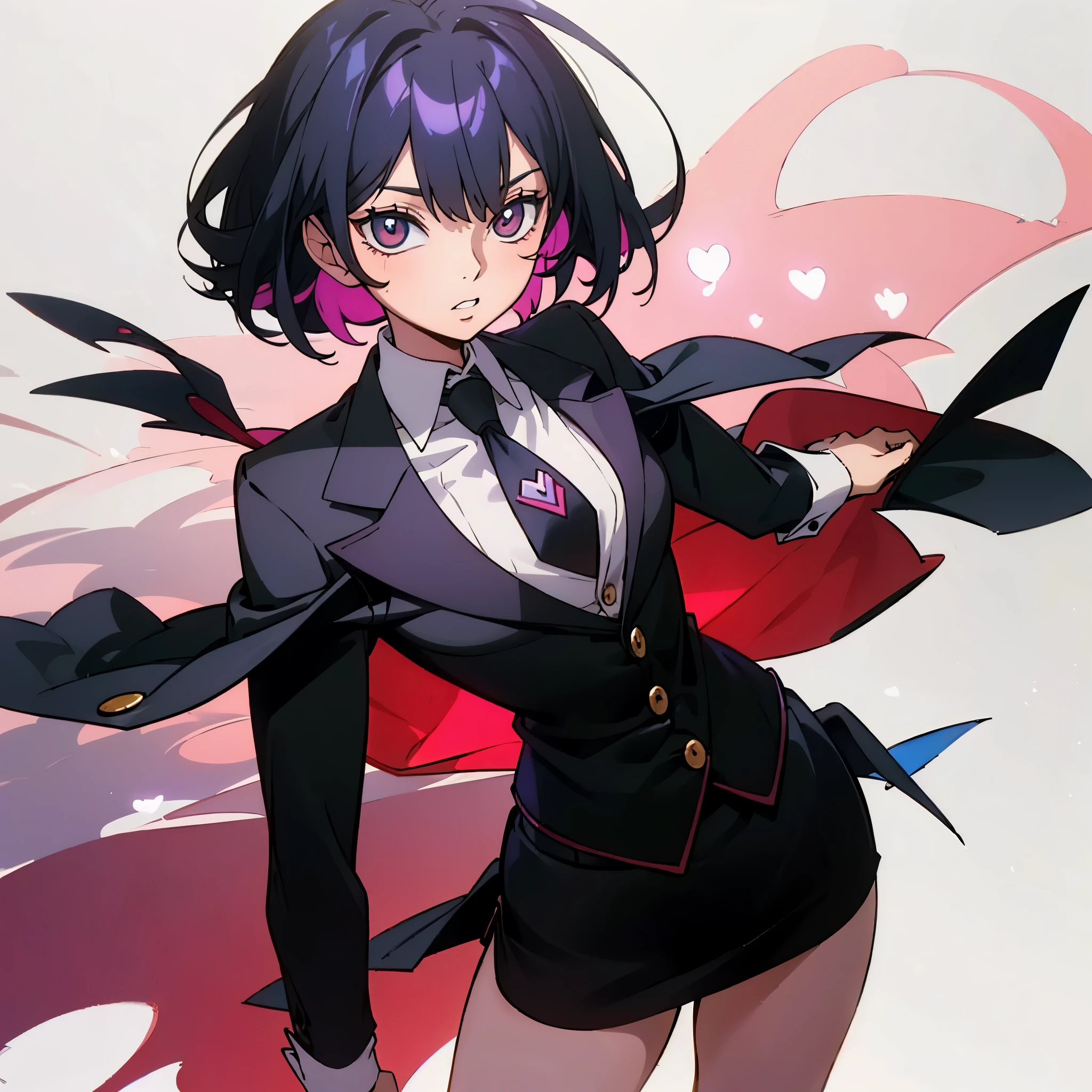 magister, 1 woman, succinct, best quality, masterpiece, best shadow, shade, beautiful lighting, High Contrast, modeus with heart shapes and heart shaped pupils, coffee shop, night, colored lights,formal wear, skirt suit, (((three-piece suit))), dress shirt, (((necktie))), blazer, suit jacket, (((waistcoat))), double-breasted waistcoat, (((bodycon miniskirt))), pencil skirt,