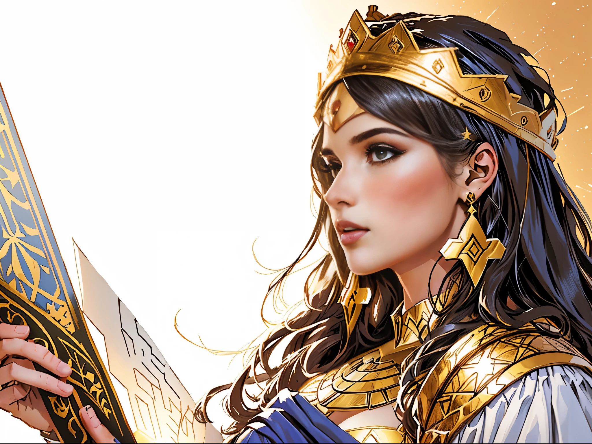 There is a young woman with a crown on her head. biblical costumes. biblical style. Biblical setting. Estilo comics.