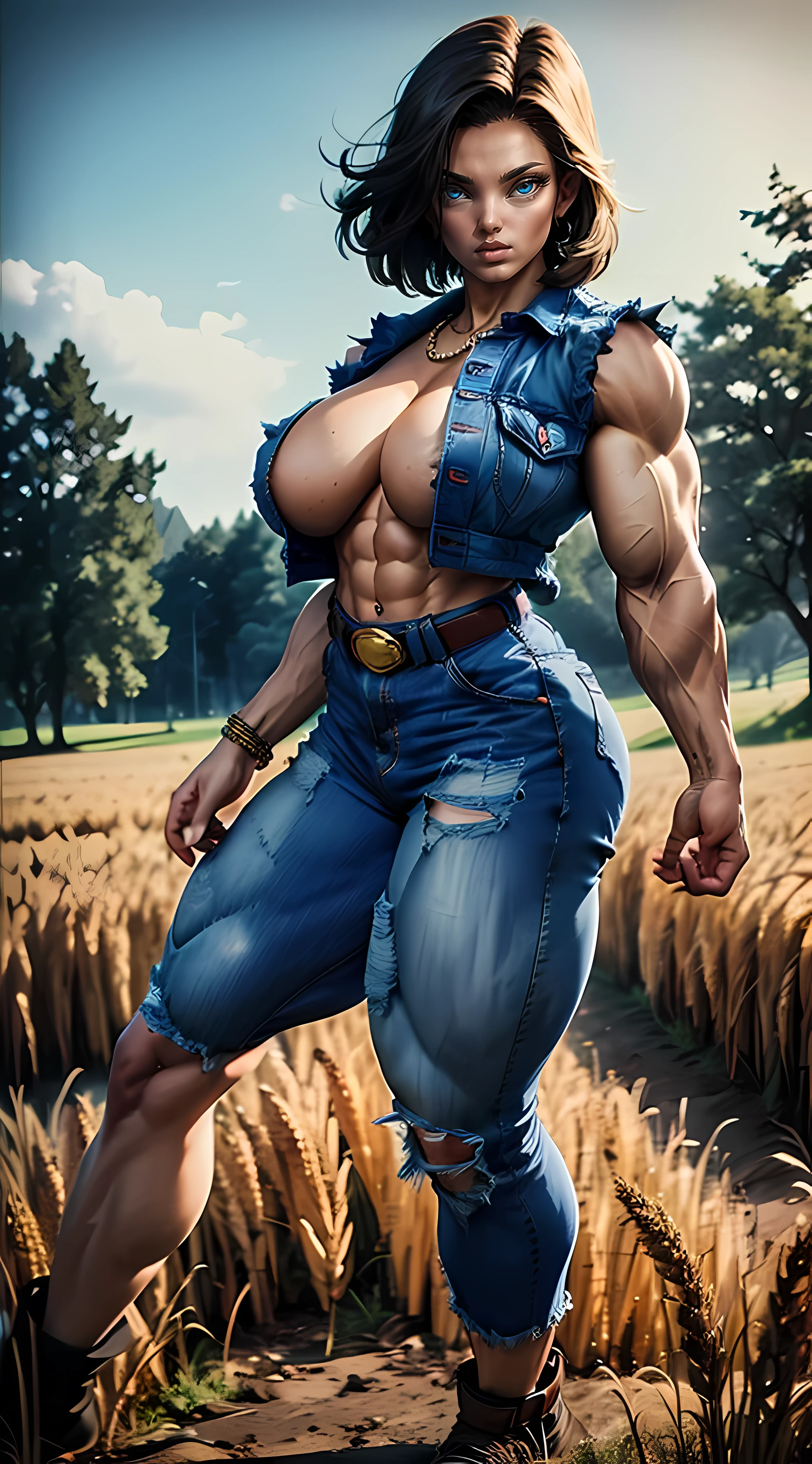  ((NSFW)), Android 18、.db、It is shown to have a rather slender figure. Lean on the wheat field and look at this、And the breeze is playing with her hair, And she touches the wheat with her hands in the morning, The weather is sunny, And she wears a ripped shirt with ((exposed cleavage)). Superior Quality, Many details, Sharp Focus, Realism、Blue jeans、Quite loose T-shirt、A slight smile、Belt bag, ripped vests, Necklace, ripped jeans, Rock, Volumetric lighting, Best Quality, Intricate details, tonemapping, Sharp Focus, Hyper Detailed, Trending in art stations, ripped clothes, breasts out, Slim body, Good anatomy, Buttocks and curves,(((accurate anatomy))), (((((Huge breasts))))), ((long legs)), ((wide hips)), ((((Muscular Legs)))), (((Massive Female Bodybuilder))), (((((Huge Muscles)))))