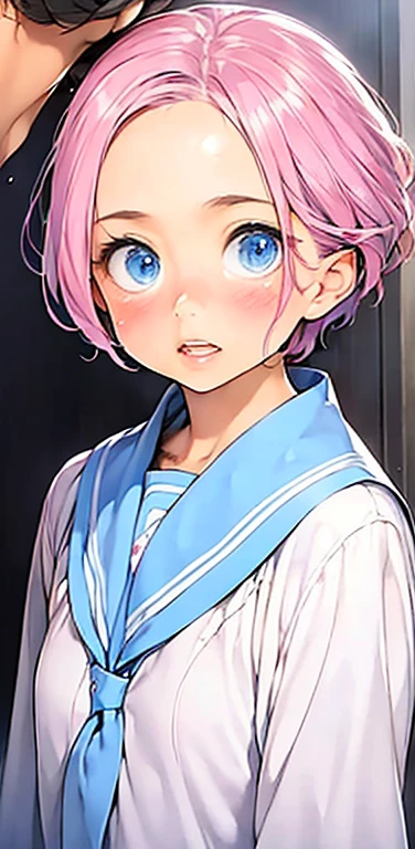 Realistic、1girl、fluorescence　pink hair、blue eyes、(eye focus:1.3,face focus:1.3,upper body:1.5),(gradient eyes:1.3),(blouse)、smiley face,open mouth,(happy:1.3),short hair、cute face,portrait,
