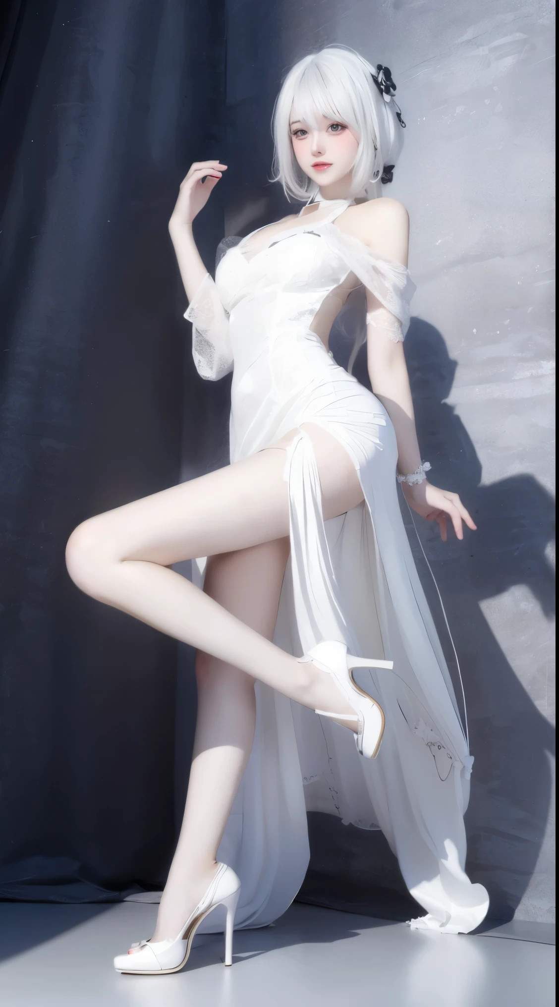 8k, surreal, masterpiece, best quality, super detailed, high resolution, random background, 1 girl, (:1.5), Yao Liu, white dress，white hair，translucent，whole body，High heel白色透明婚纱，High heel，whole body，white