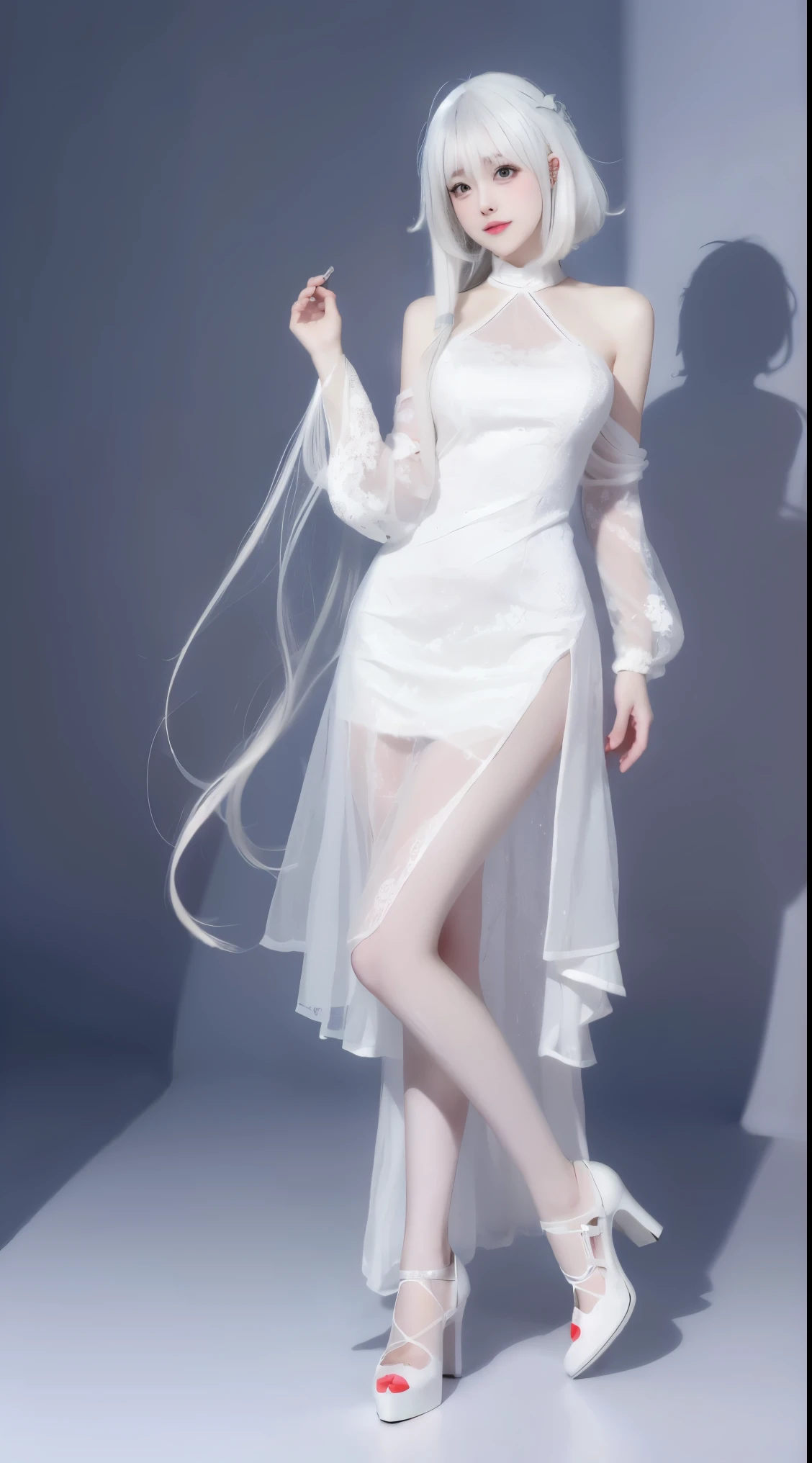 8k, surreal, masterpiece, best quality, super detailed, high resolution, random background, 1 girl, (:1.5), Yao Liu, white dress，white hair，translucent，whole body，High heel白色透明婚纱，High heel，whole body，white
