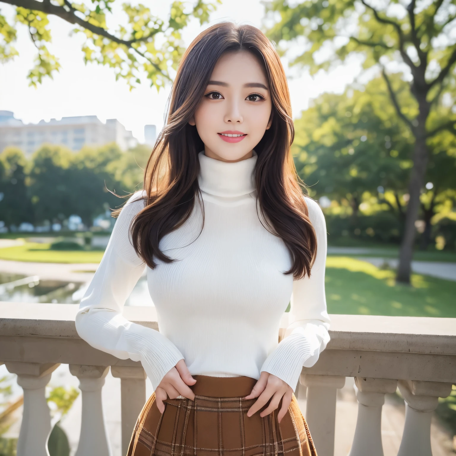 (highest quality、table top、8k、best image quality、Award-winning work)、one beautiful woman、25 years old、(alone:1.1)、perfect beautiful composition、(big and full breasts:1.1)、(Perfectly fitted tight knit sweater:1.2)、(Very tight knit that fits perfectly:1.2)、(emphasize body line:1.2)、(perfect turtleneck knit sweater:1.2)、(Elegant plaid melton skirt:1.2)、(full body photo:1.1)、look at me and smile、(blurred background:1.1)、(Strongly blurred accurate city park background:1.1)、stand gracefully、droopy eyes、natural makeup、Ultra high definition beauty face、ultra high definition hair、Super high-definition sparkling eyes、(Super high-definition sparkling pure white skin:1.4)、Super high resolution glossy lips、accurate anatomy、(very bright and vivid:1.4)