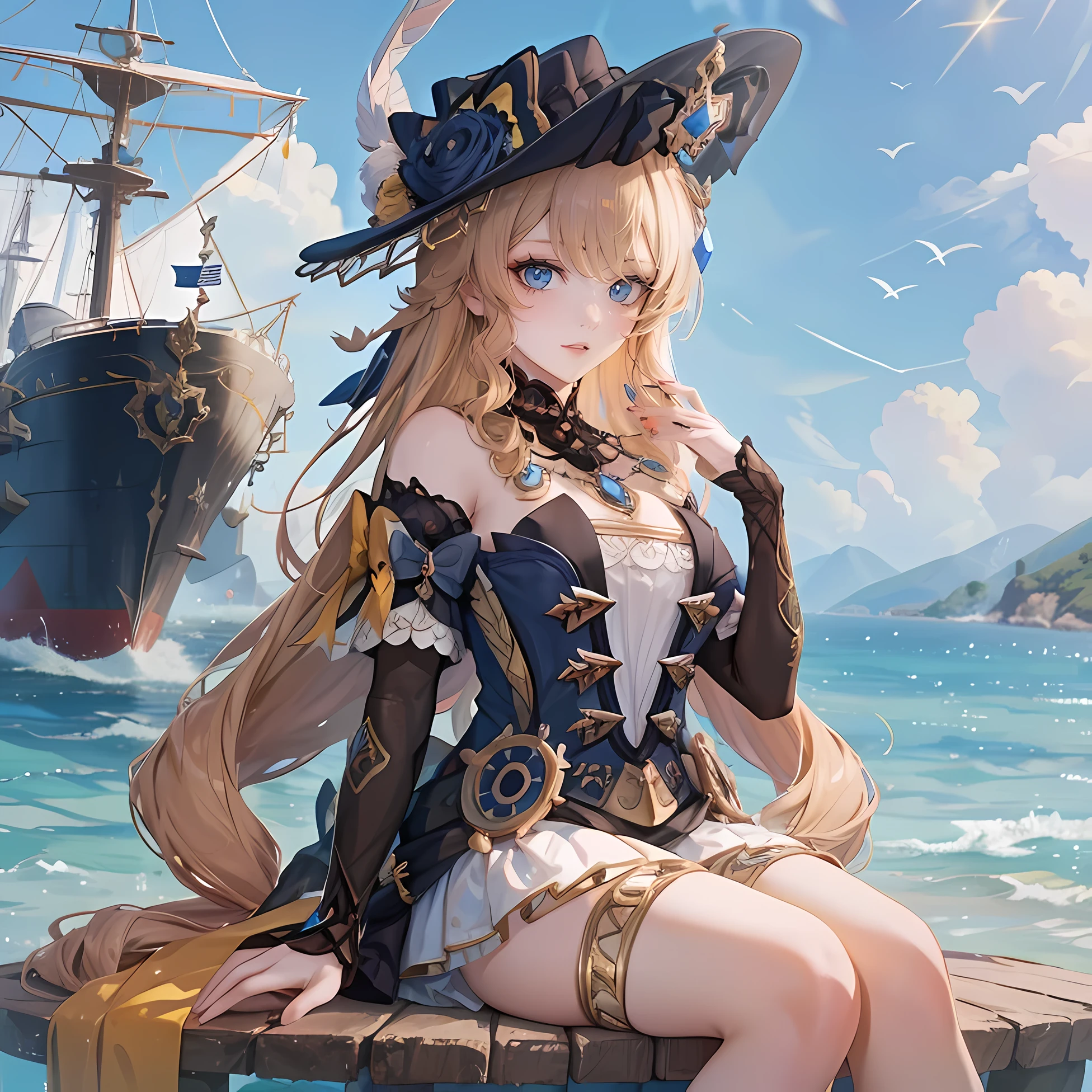 Navia from Genshin , against the backdrop of the sea , behind the ship , It has, gems, sweet look, smile,The sun is shining, expressive blue eyes, legs