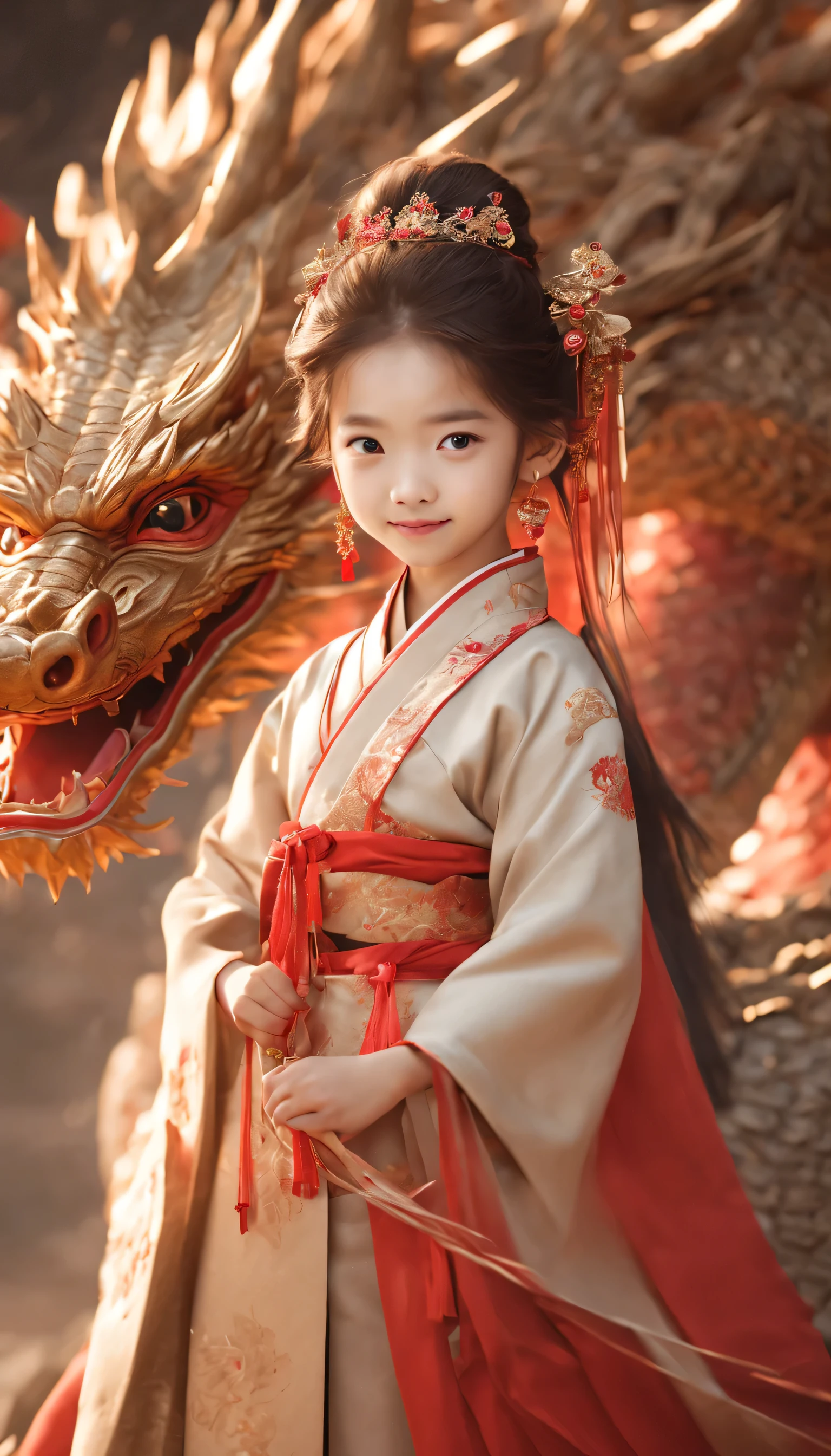 8k,Super details,masterpiece,Children Photography,high angle,whole body,Girl wearing Hanfu next to the dragon,8 year-old,Wearing earrings and delicate hairpins,Smile,Chinese culture theme style,Fluid photography,8k resolution,hazy atmosphere,exquisite clothing,Ferania p30,light gold and red --style raw --ar 9:16
