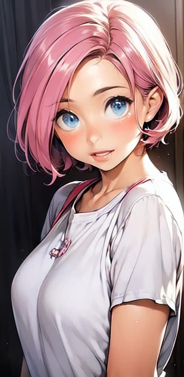 Realistic、1girl、fluorescence　pink hair、blue eyes、(eye focus:1.3,face focus:1.3,upper body:1.5),(gradient eyes:1.3),(blouse)、smiley face,open mouth,(happy:1.3),short hair、cute face,portrait,
