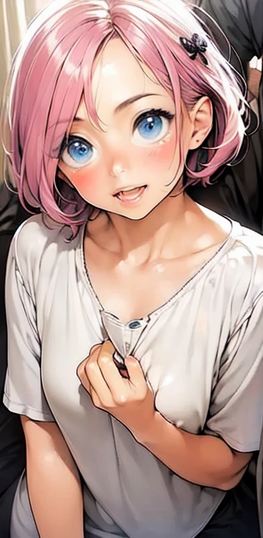 Realistic、1girl、fluorescence　pink hair、blue eyes、(eye focus:1.3,face focus:1.3,upper body:1.5),(gradient eyes:1.3),(blouse)、smiley face,open mouth,(happy:1.3),short hair、cute face,portrait,
