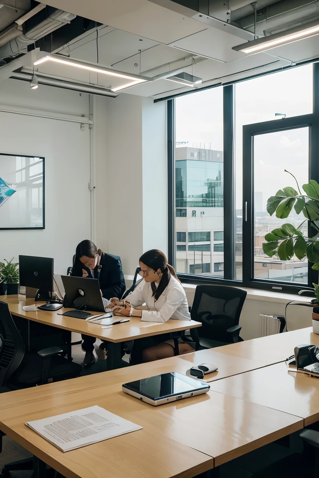 create a vibrant and dynamic scene in a modern office, where a team of professionals works together to achieve their goals. The image portrays an energetic and creative atmosphere, with meticulous details highlighting the sophistication and professionalism of the work environment.

In the composition, we can see a variety of characters representing different roles in the team: executives focused at their desks, discussing ideas in a brainstorming meeting, giving presentations on digital screens, or collaborating on group projects in shared work areas.

The office is designed with a modern and minimalist aesthetic, featuring clean lines, neutral tones, and contemporary decor elements. The walls are adorned with inspiring artwork, and green plants add a touch of nature and freshness to the environment.

The lighting is soft and natural, filtered through large windows that offer panoramic views of the city. State-of-the-art computers, technological devices, and ergonomic equipment complete the scene, highlighting the emphasis on efficiency and employee comfort.

Additional details include stylish office accessories such as pens, notepads, laptops, tablets, and smartphones, all meticulously arranged on organized desks. A modern cafeteria in the background provides a relaxing break for team members to recharge their energies.

The overall atmosphere is one of productivity, collaboration, and innovation, capturing the dynamic and inspiring spirit of a team of workers in a modern office. This image seeks to convey the professionalism, creativity, and dedication of the professionals who are part of this productive team.