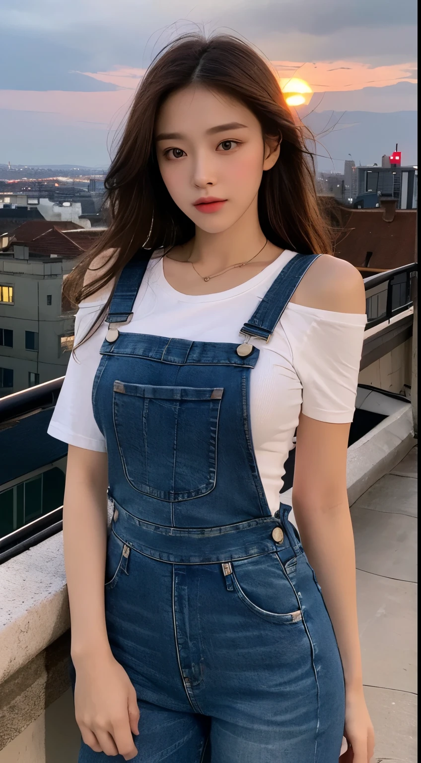 ((midnight, best quality, 8k, masterpiece :1.3)), whole body, long legs, sharp focus :1.2, beautiful woman,Perfect body :1.4, Slim abs :1.1, ((Dark brown hair, big breasts :1.2)), (White tight T-shirt, overalls jeans, Permanently installed:1.2), ((city night view, roof:1.3)), Highly detailed facial and skin textures, delicate eyes, double eyelids, Sunset, darken, backlight, Off the shoulders