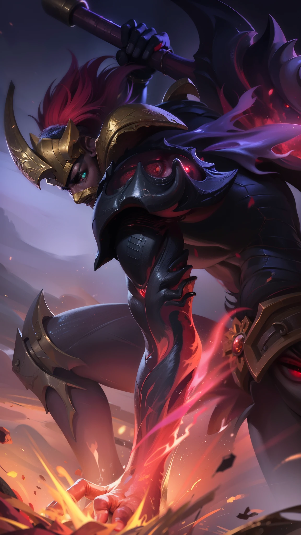 masterpiece, ((perfect eyes)) best quality, (semirealism:1.9), beautiful lighting, (extremely detailed CG unity 4k fhd wallpaper), High Detail, Sharp focus, dramatic outdoors, red short hair, a close up of a person with a sword and a fire, Boy with two big horns, big earrings on ears, red eyes, Thick eyebrows, evil, grinning, red body, red face, Burning skin, yellow diamonds glistening on chest, burning red skin, golden robe behind, big white belt, 8k, realistic, scary, strong red eye glow (red eye:1.2)