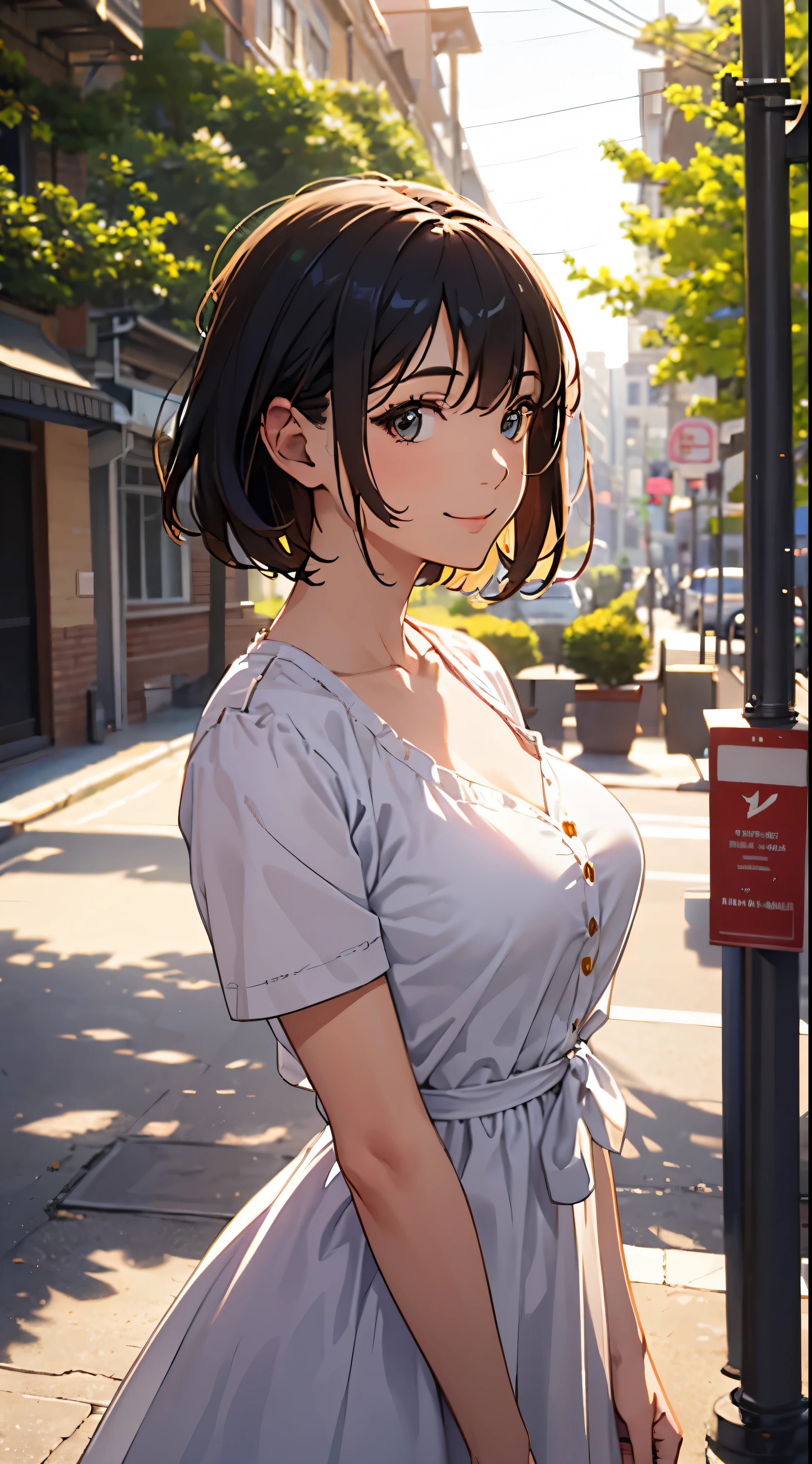 highest quality, detailed face, 1 girl, middle chest, smile, casual dress, (attractive, puffy eyes:1.2), excellent anatomy, looking at the viewer, soft focus, golden hour lighting, Depth of the bounds written, happy expression, short cut hair, outdoors, (profile shot:0.8)