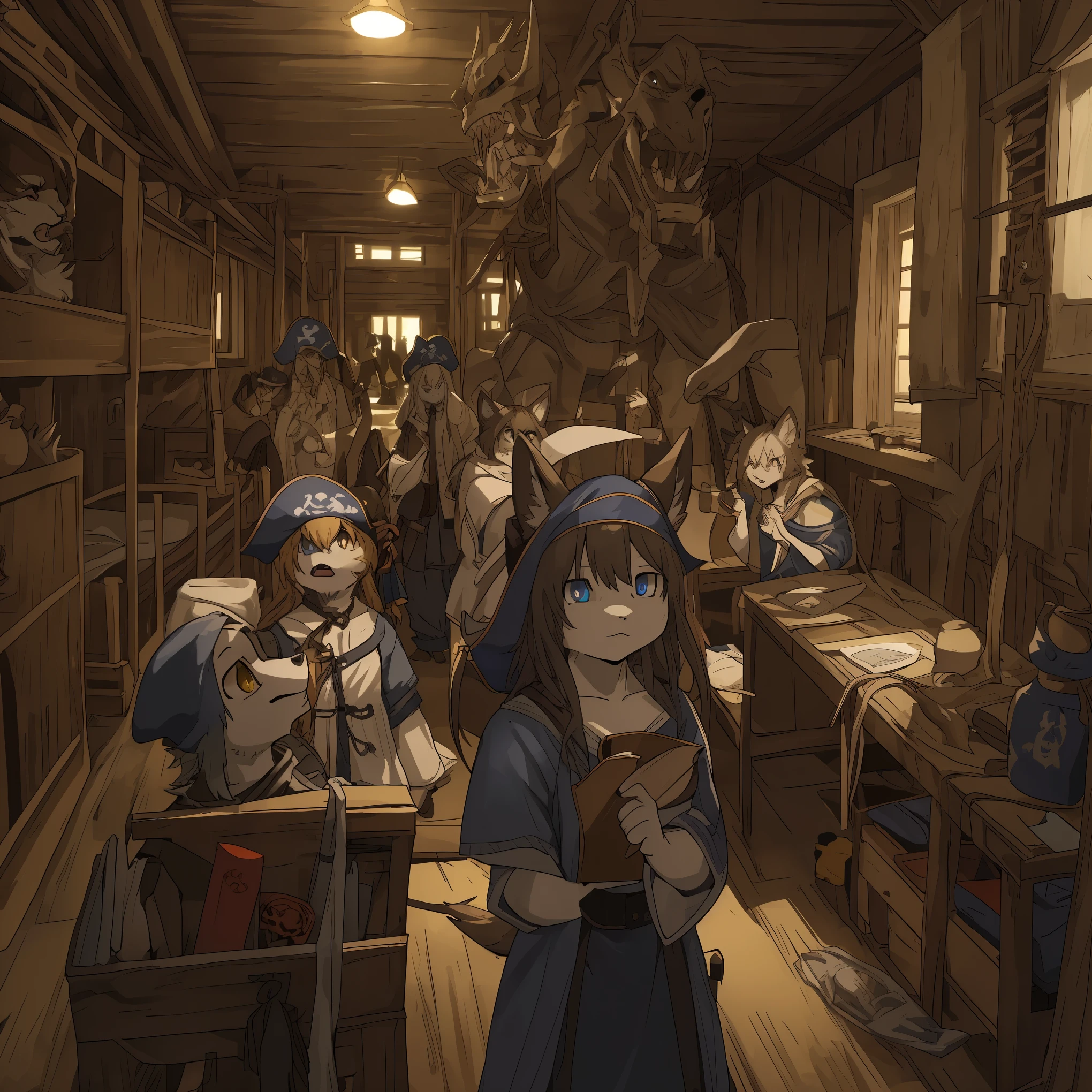 top quality, best quality, High-quality illustrations, masterpiece, super high resolution, detailed background, Hospitals with power outages, Spooky creatures, Pirate Ship, a pirate, 6+boys, 6+girls, absurdres(highly detailed beautiful face and eyes)perfect anatomy, expression, good lighting, cinematic shadow(kemono, furry anthro),